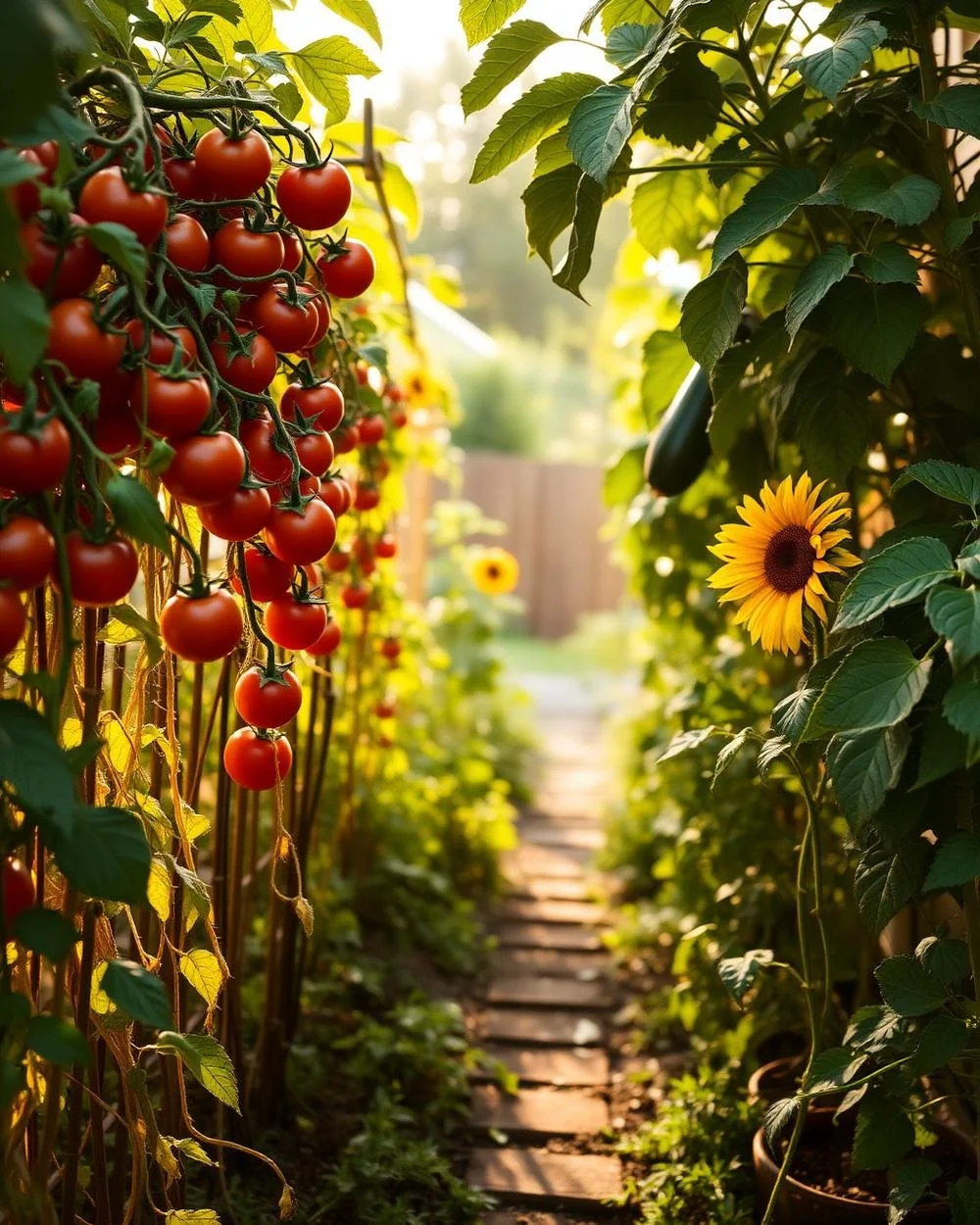 A sunlit garden path lined with tomato plants on the left and sunflower plants on the right, featuring ripe tomatoes and a blooming sunflower.