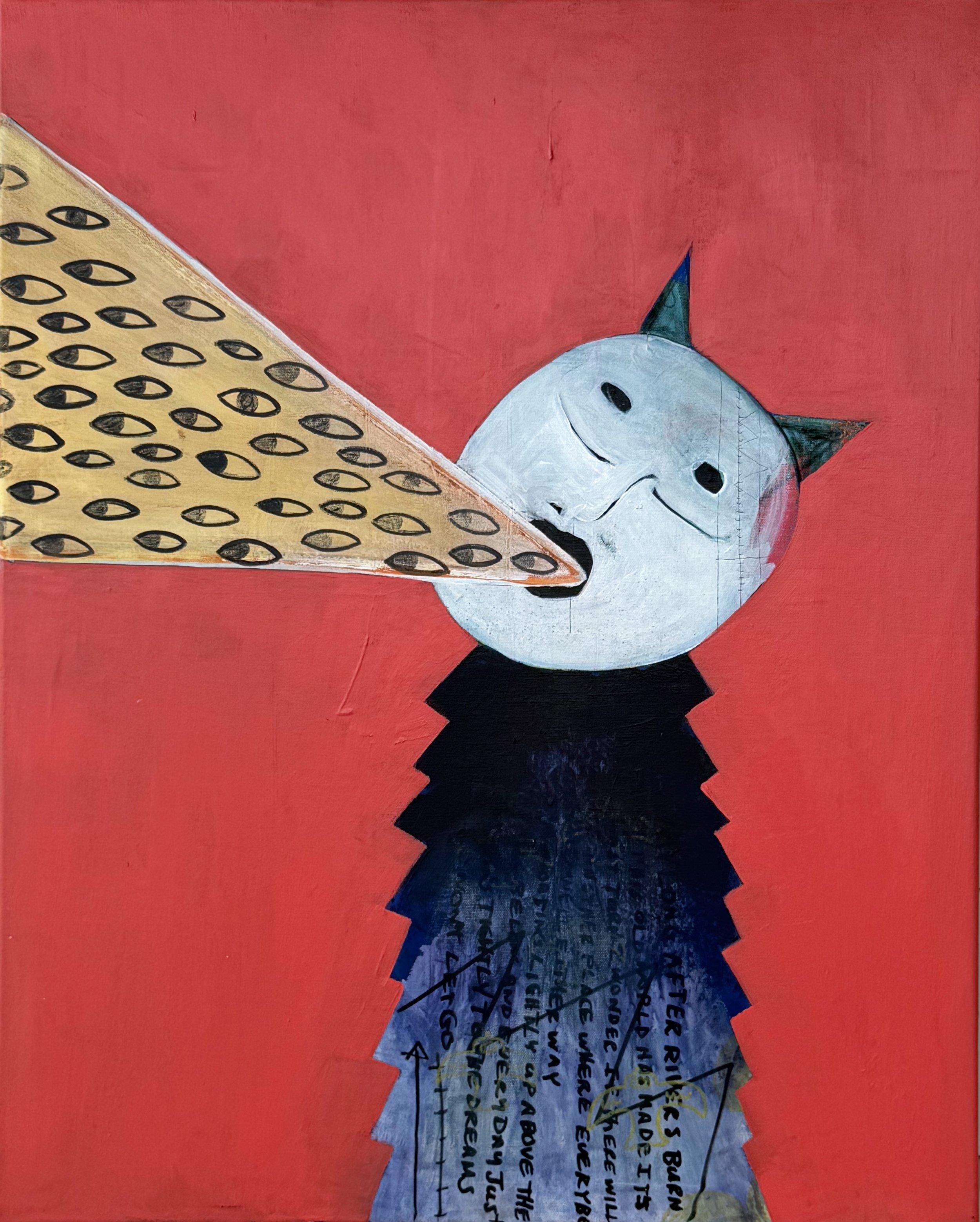 Mixed media painting of a masked figure with a white, textured face revealing underlying color, a black textured body, and a patterned triangular form extending from the mouth against a red background.