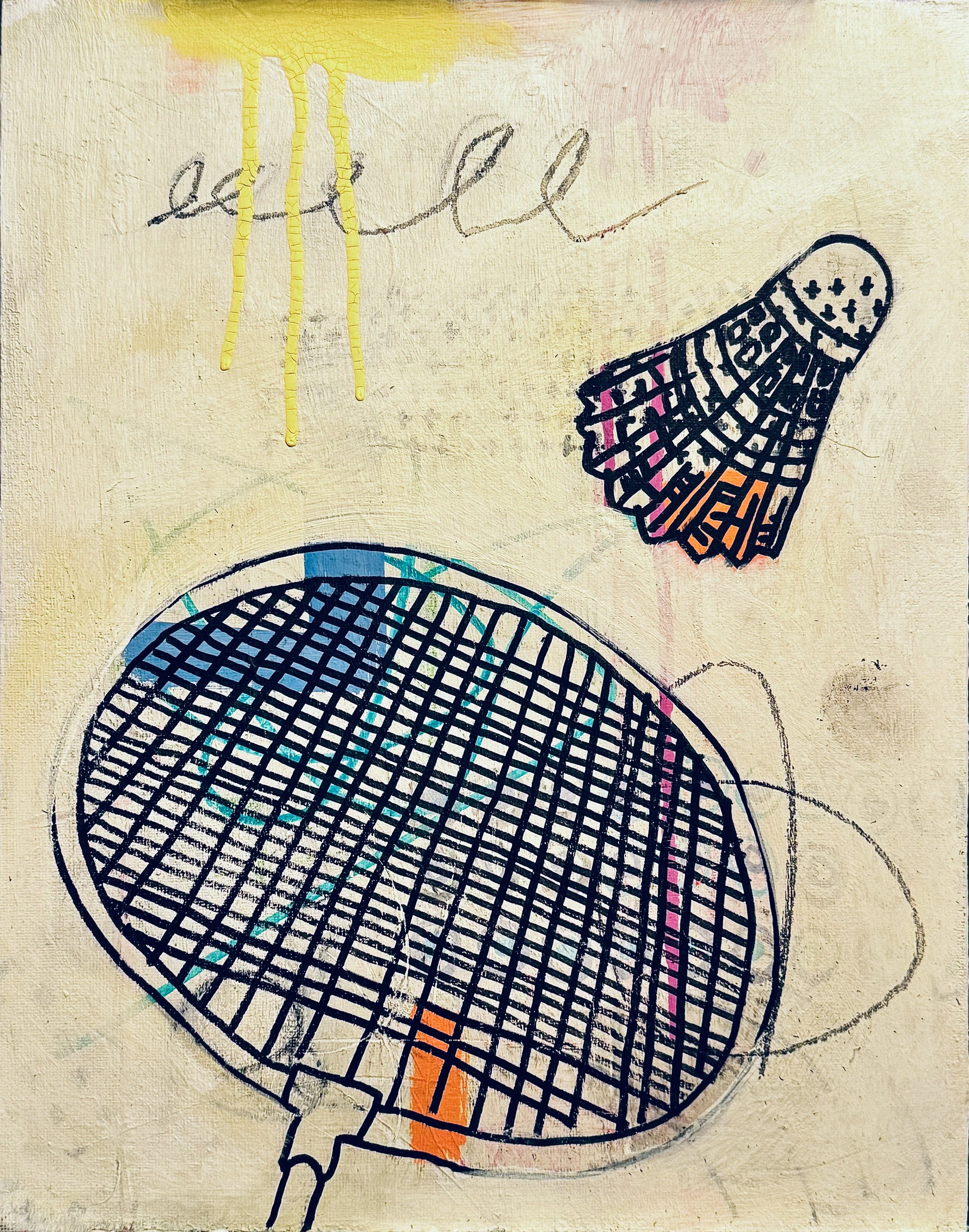 A colorful abstract drawing on a pale background features a wire-mesh hat or basket with black, pink, orange, and blue accents, a loop and line element near the bottom, and a butterfly shape with text inside on the right side.