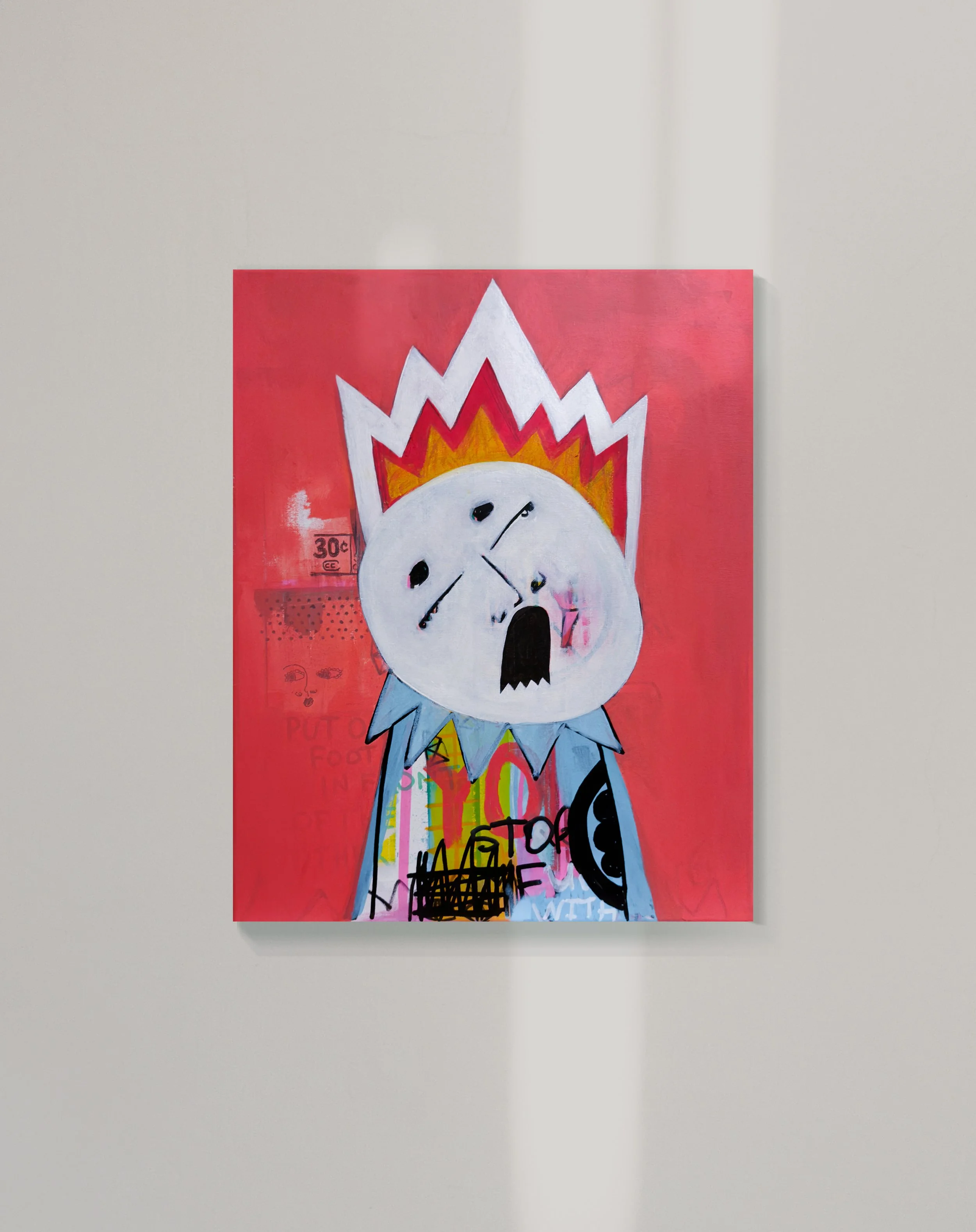 A colorful street art poster with a white cartoon character, a smiling face with ear muffs, on a red background. The poster contains various graffiti-style scribbles and words overlaying the character.