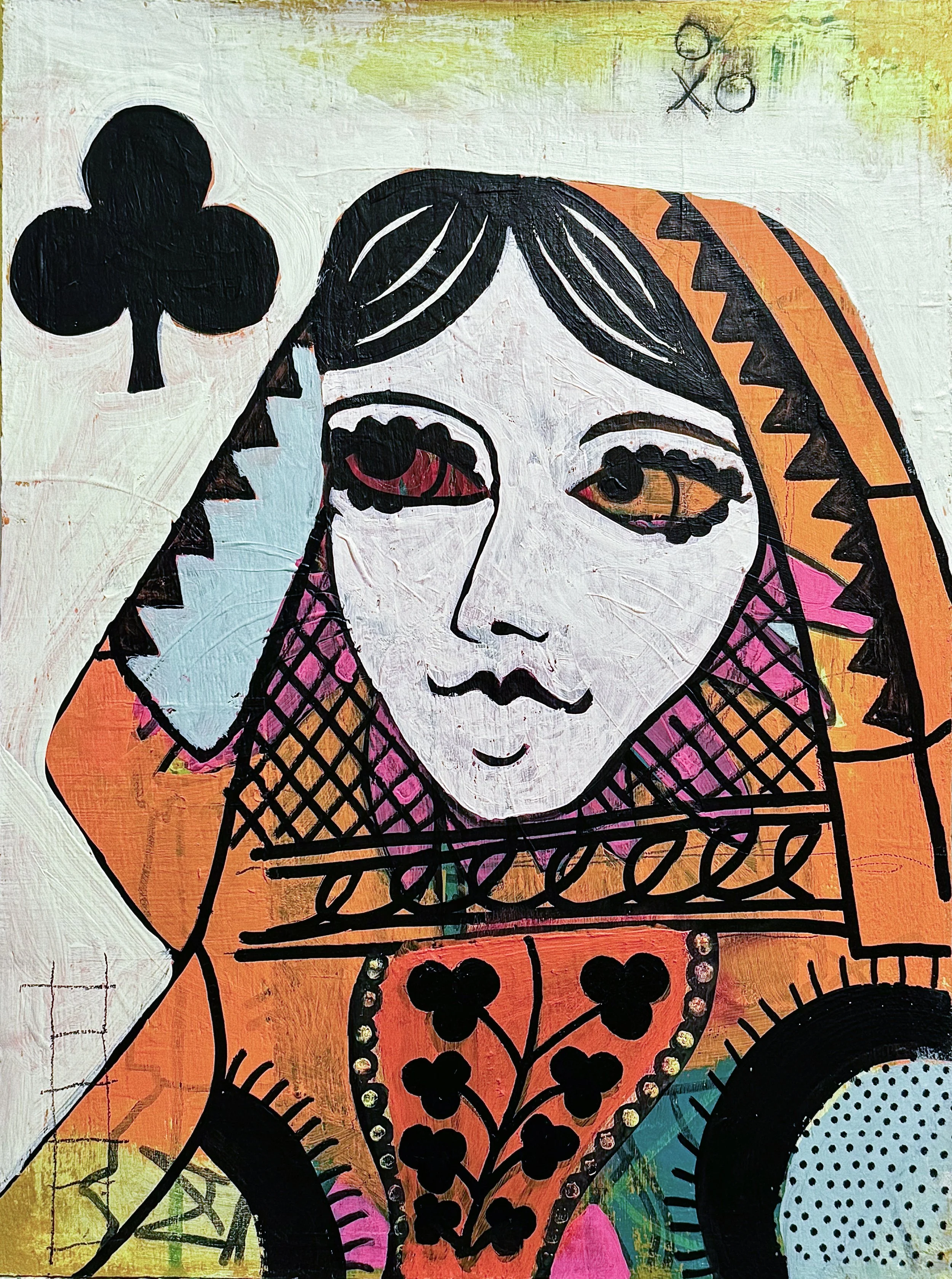 A colorful abstract painting of a woman with long black hair, wearing an orange and pink dress, with a black sequined heart-shaped necklace. The background is textured with yellow, green, and white hues, and there are decorative elements like a black clover and the number 07 written in the upper right corner.