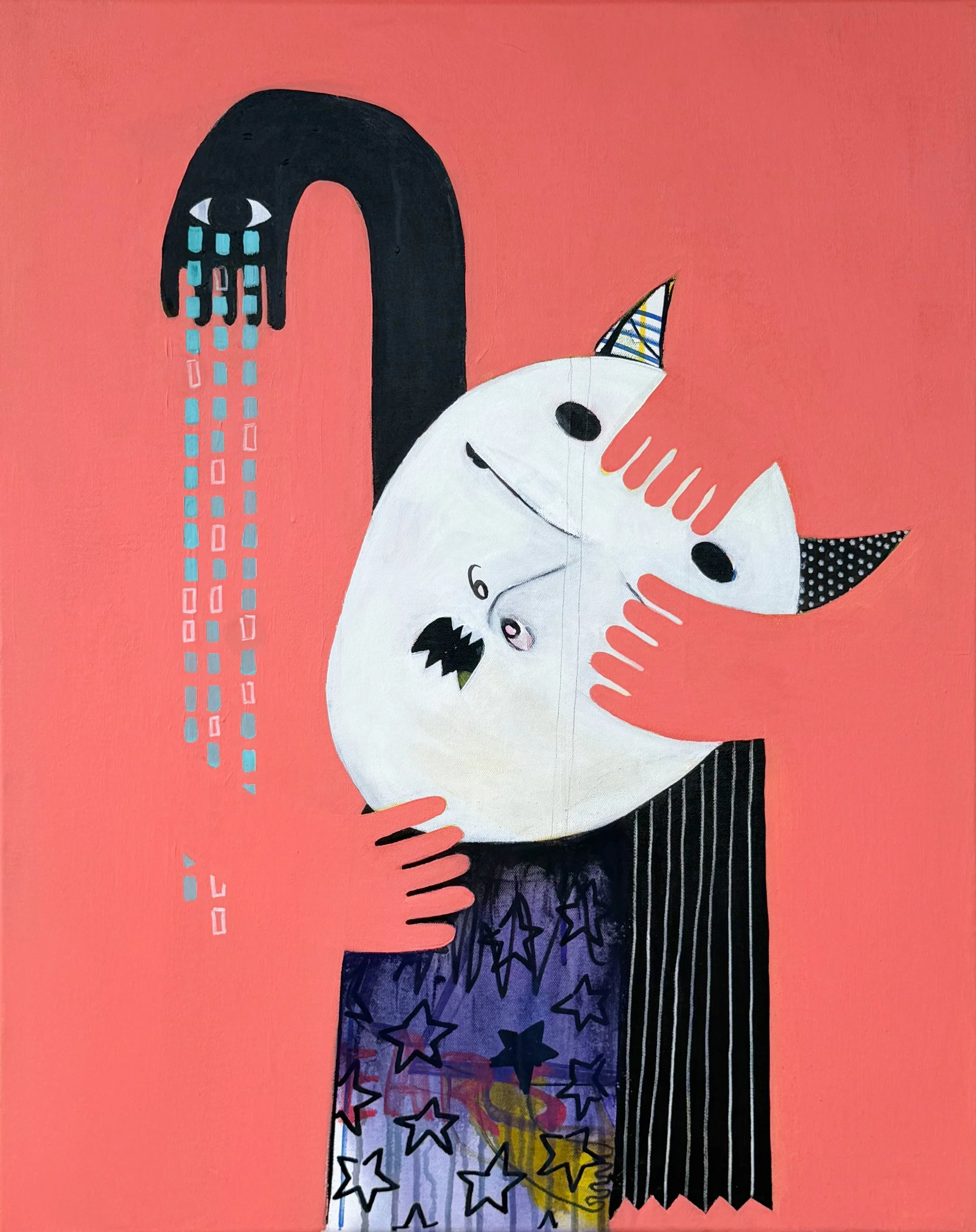 Mixed media painting of a white masked figure surrounded by red hands, with a long black form behind it and a colorful patterned body against a coral-red background.