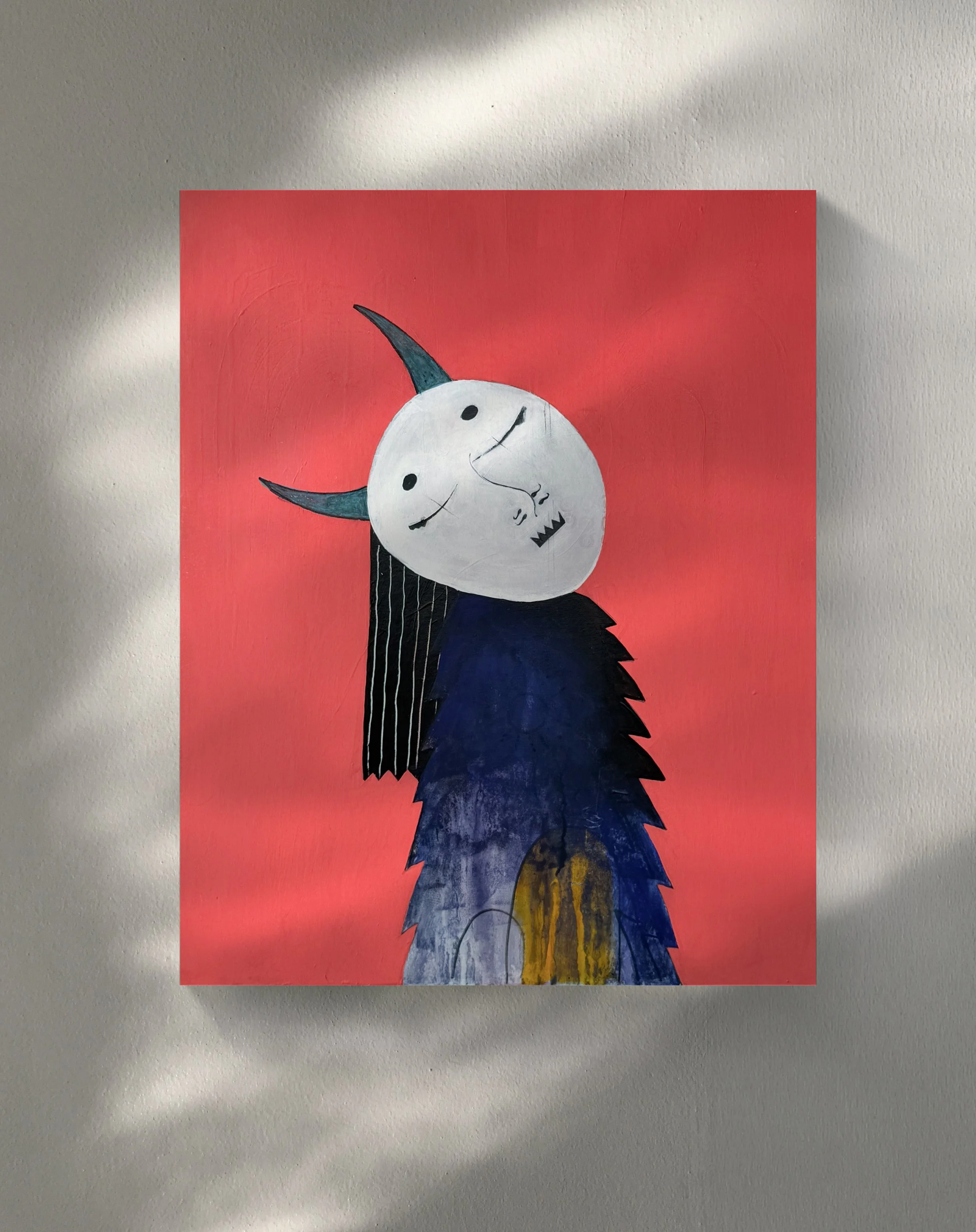 A colorful drawing of a character with a white round face, black eyes, a small nose, and a wide smiling mouth. The character has black horns with teal tips, black and white striped arms, a blue feathered body, and yellow legs, set against a red background.