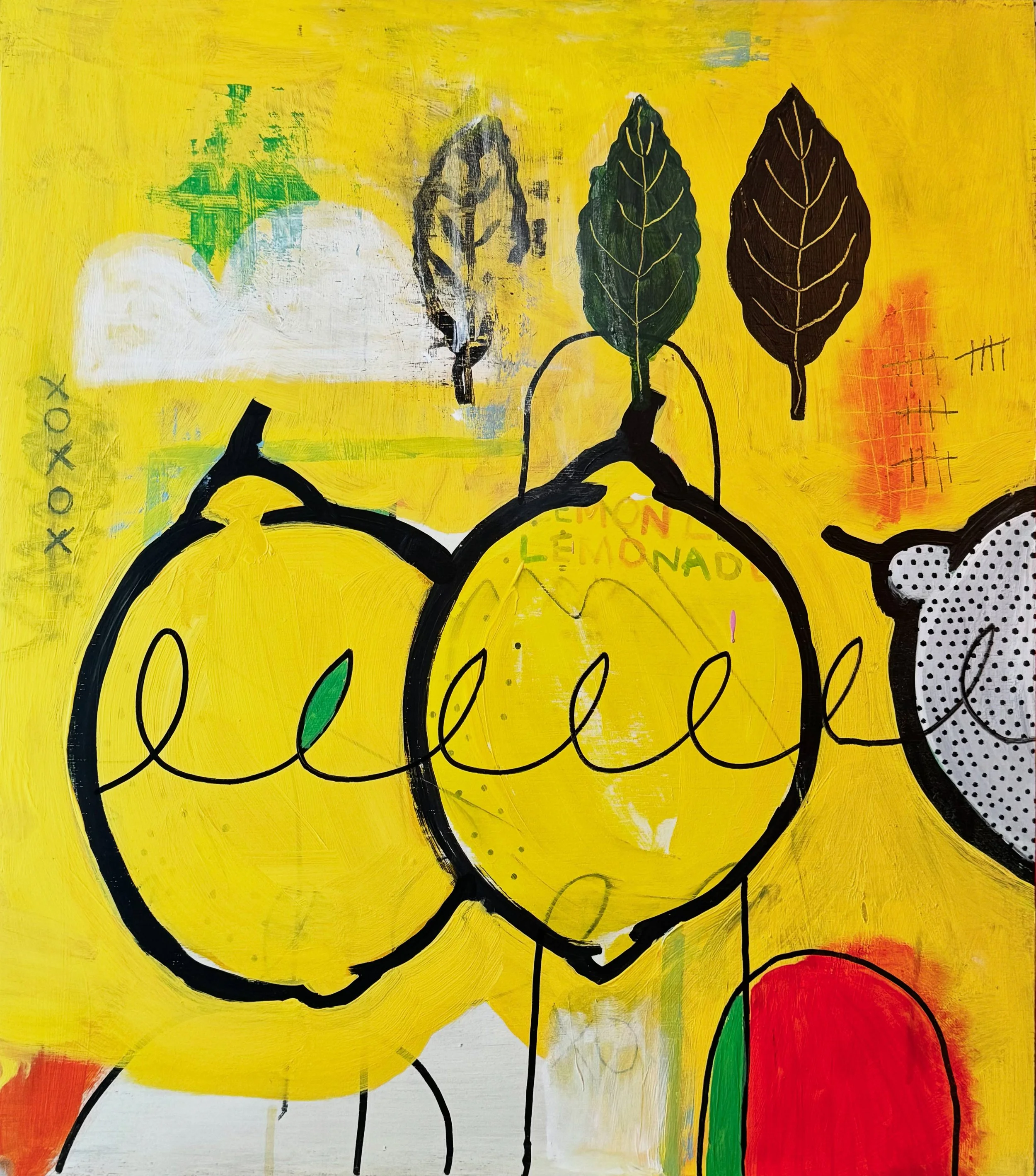Abstract artwork featuring yellow background with oversize black outline of a pair of glasses, green and red leaf-like shapes, a white circular shape, and a grid pattern of small black dots.