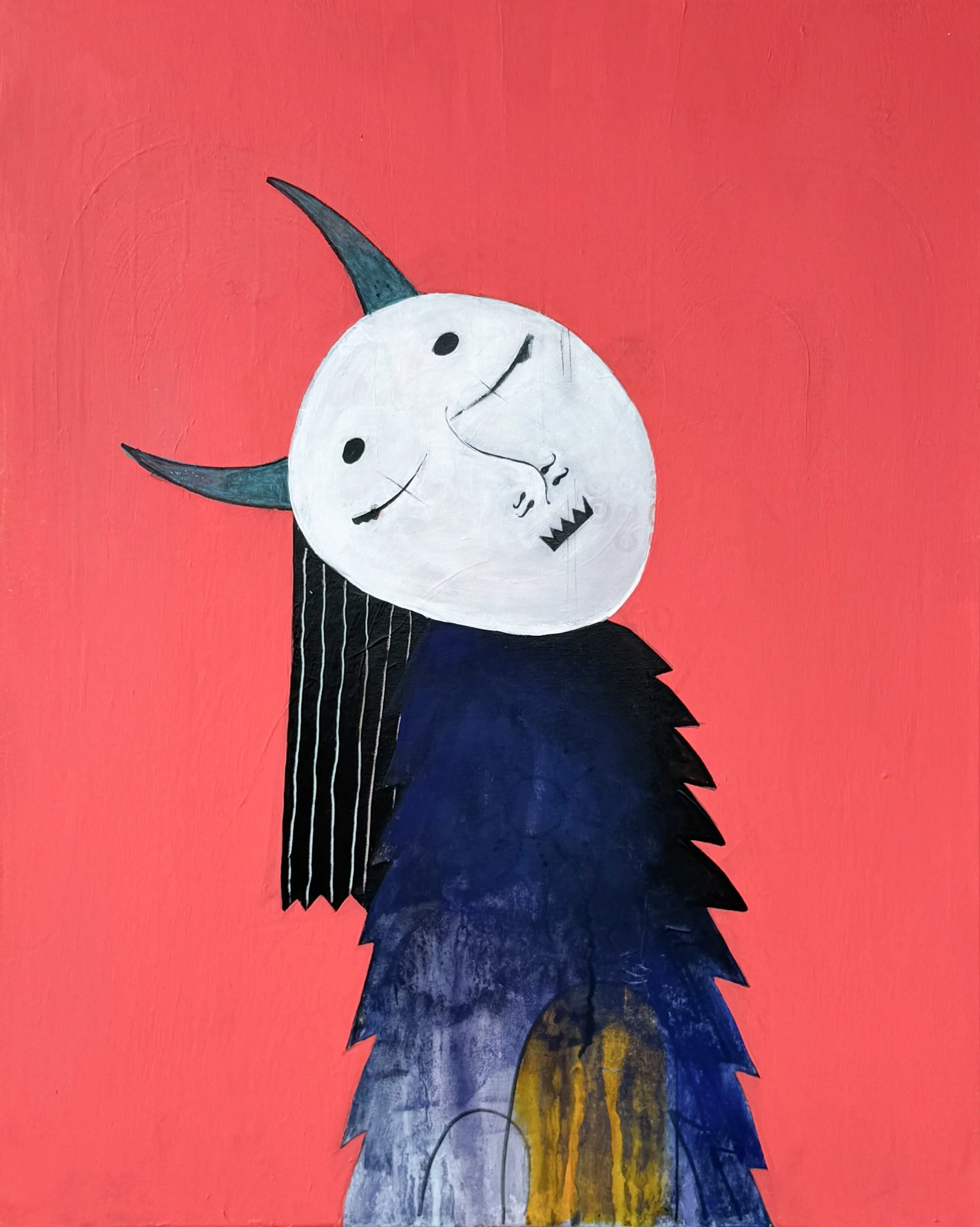 Mixed media painting of a white masked figure with long pointed horns and black hair, with a dark lue and yellow body against a coral-red background.