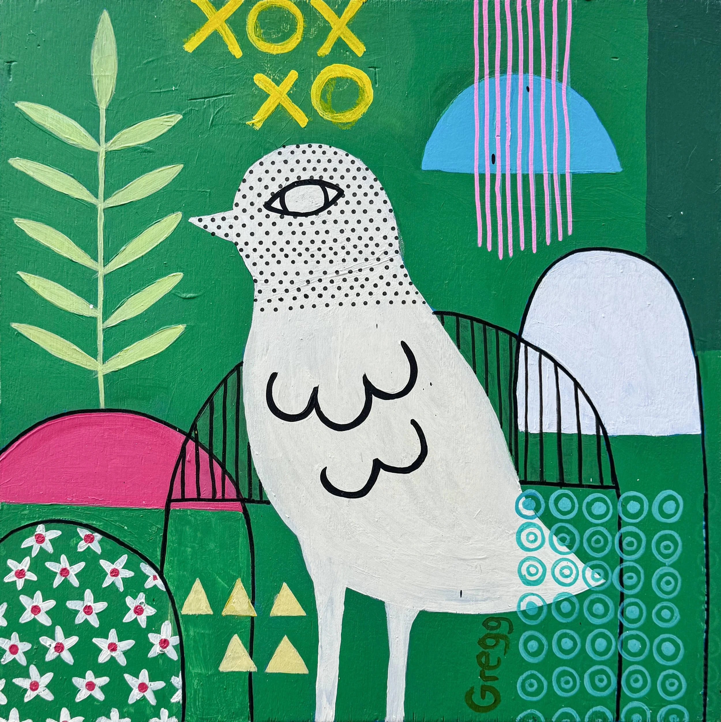 Abstract colorful artwork with leaves, flowers, a bird with polka dots, and various geometric patterns and shapes.