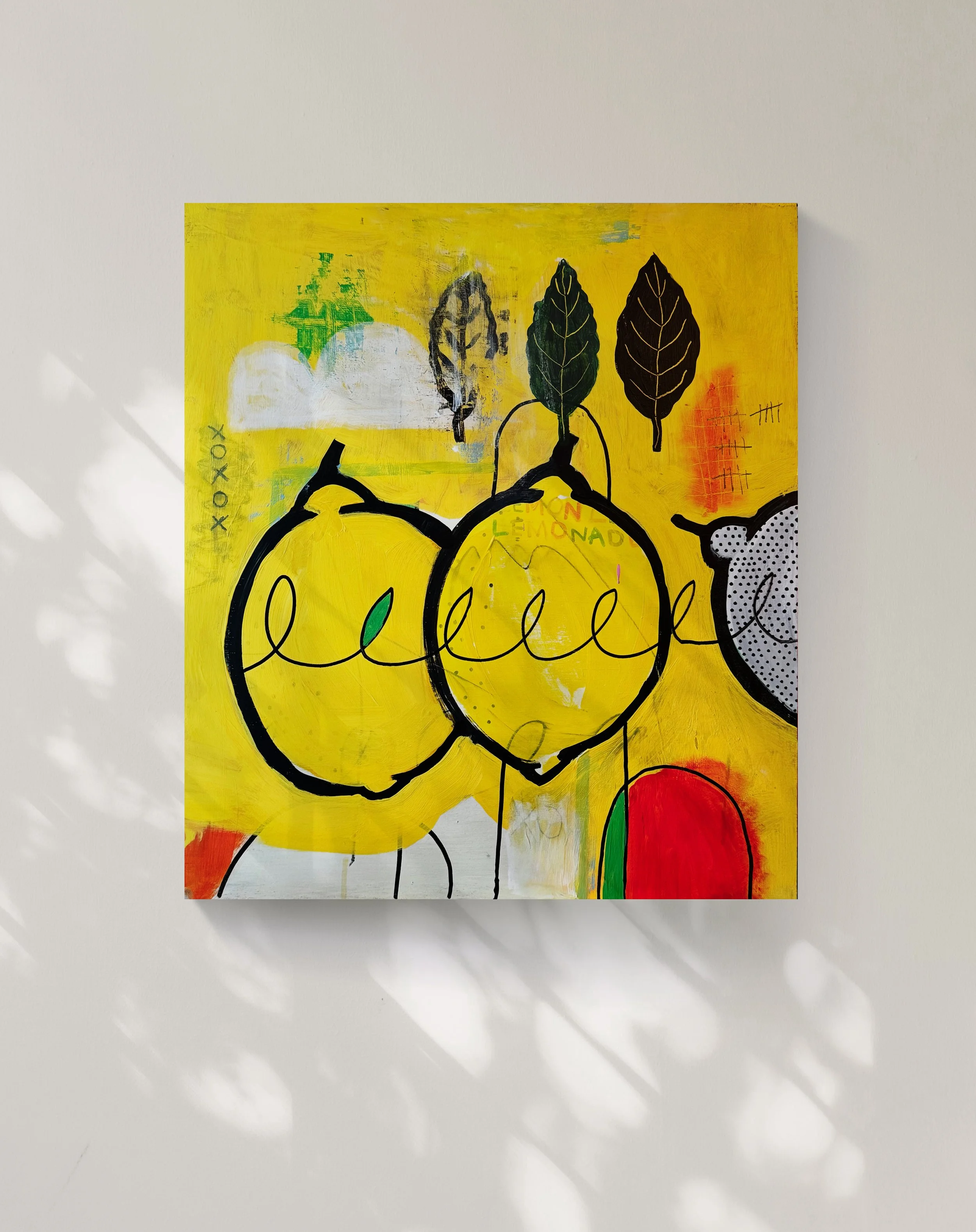 A colorful abstract painting on a yellow background featuring black and white outlines of various leaves and shapes, with some recognizable words like "lemonade" and "xoxo" written around.