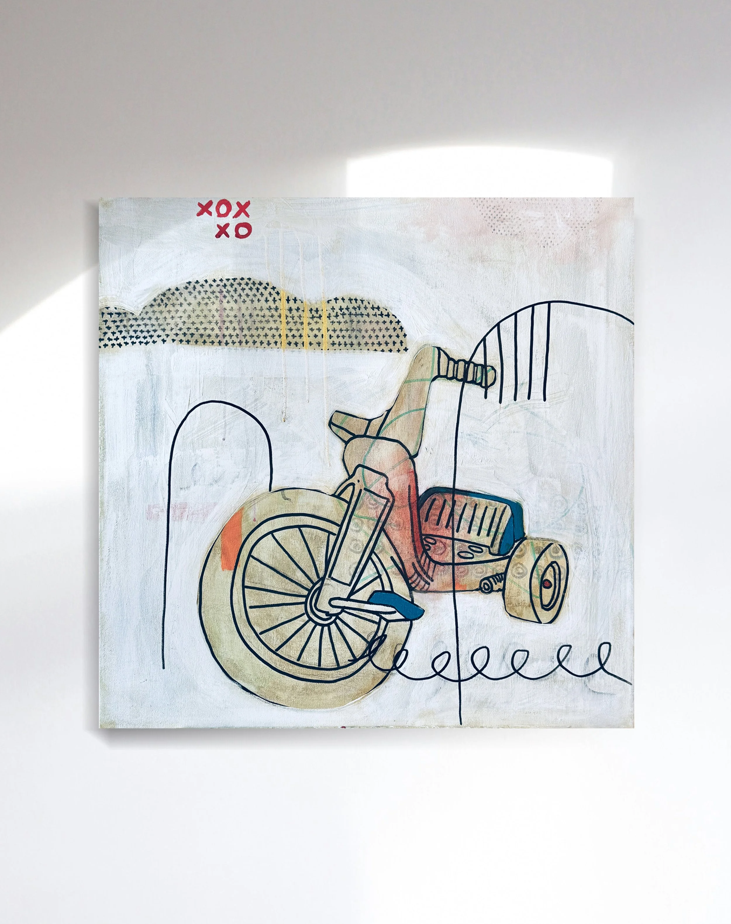 A mixed media artwork featuring a line drawing of a hand holding a spiral-bound object, overlays of abstract shapes, patterns, and a red 'XOXO' inscription in the top left corner, with a textured light background.