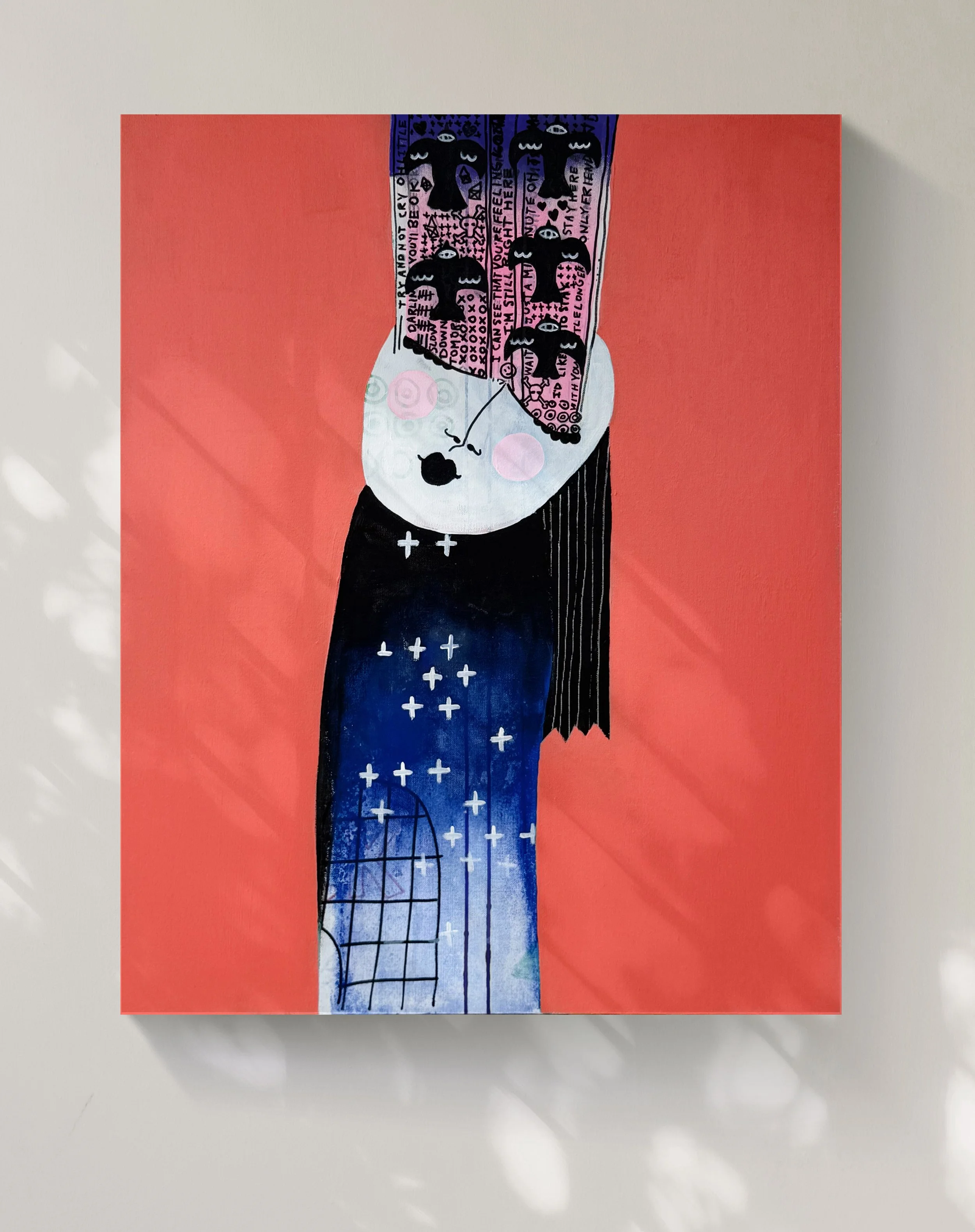 An abstract artwork featuring black faces with eyes and eyebrows on a pink, blue, and white background. The artwork includes text and patterns, with parts resembling a face and hair.