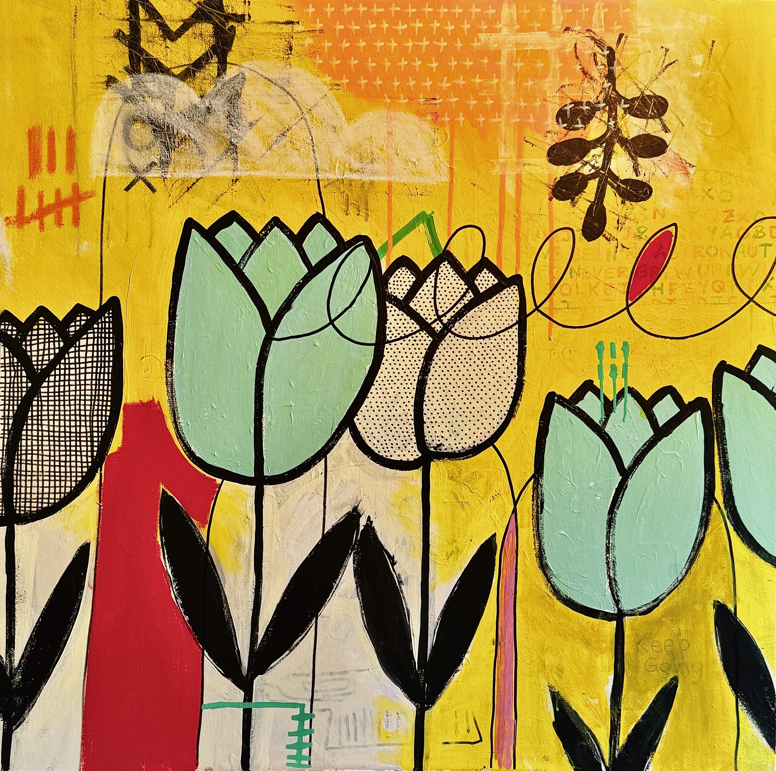 Abstract colorful art with shapes, lines, and patterns on a yellow background.