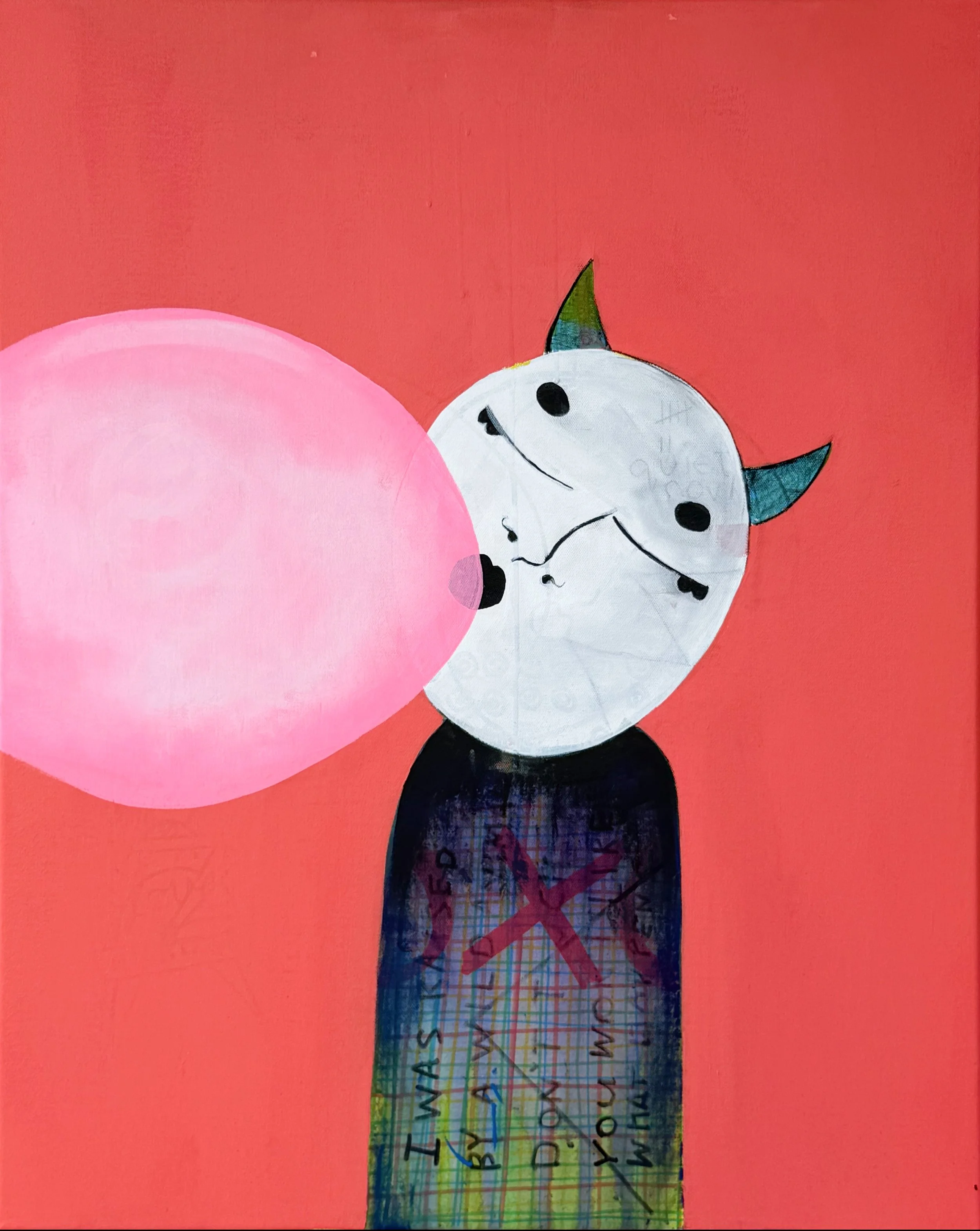 Mixed media painting of a solitary masked figure against a coral-red background, with layered textures and bold graphic shapes.