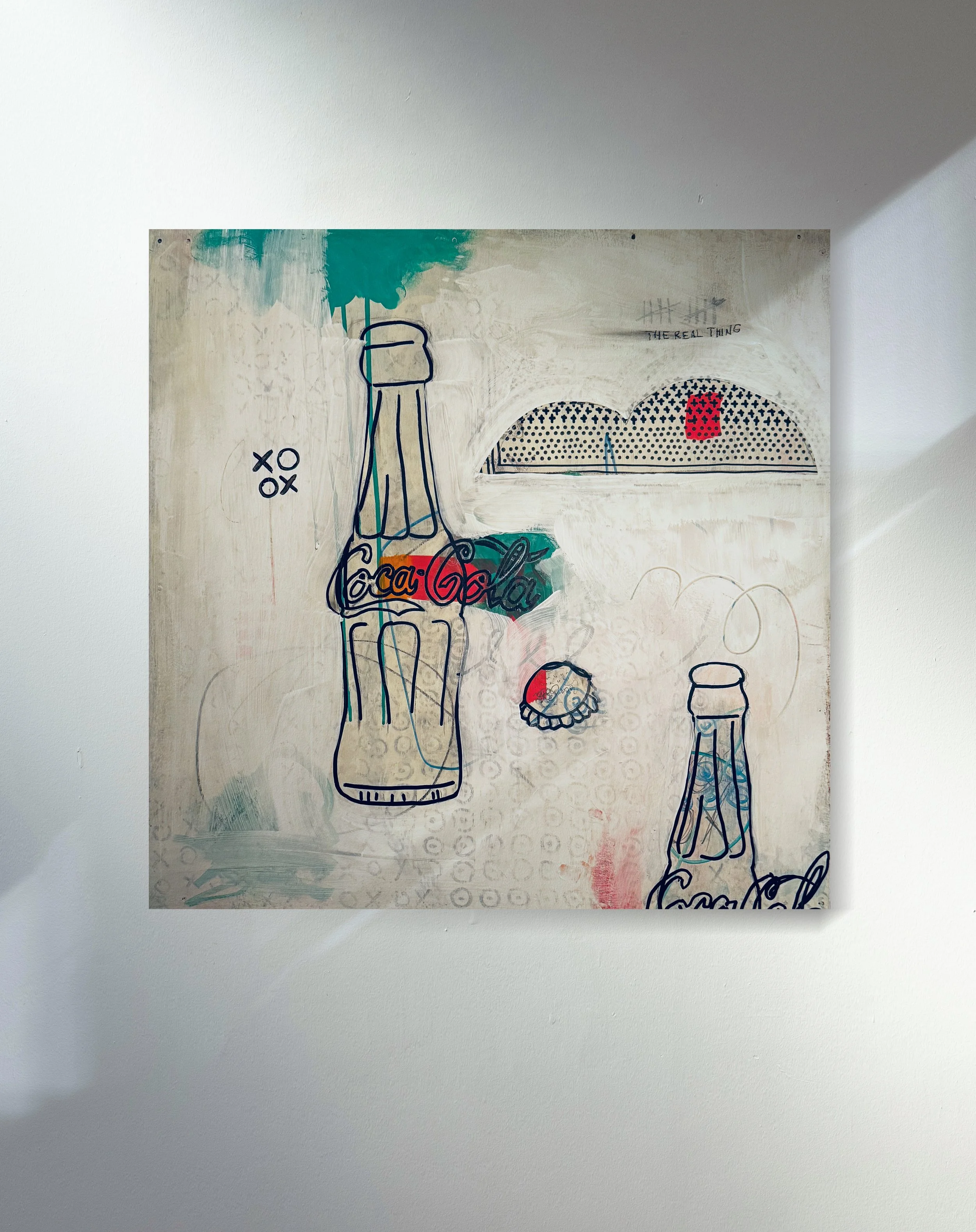 Artistic drawing with a Coca-Cola bottle, a skull, a bottle with a straw, and some rolled objects on a textured background.