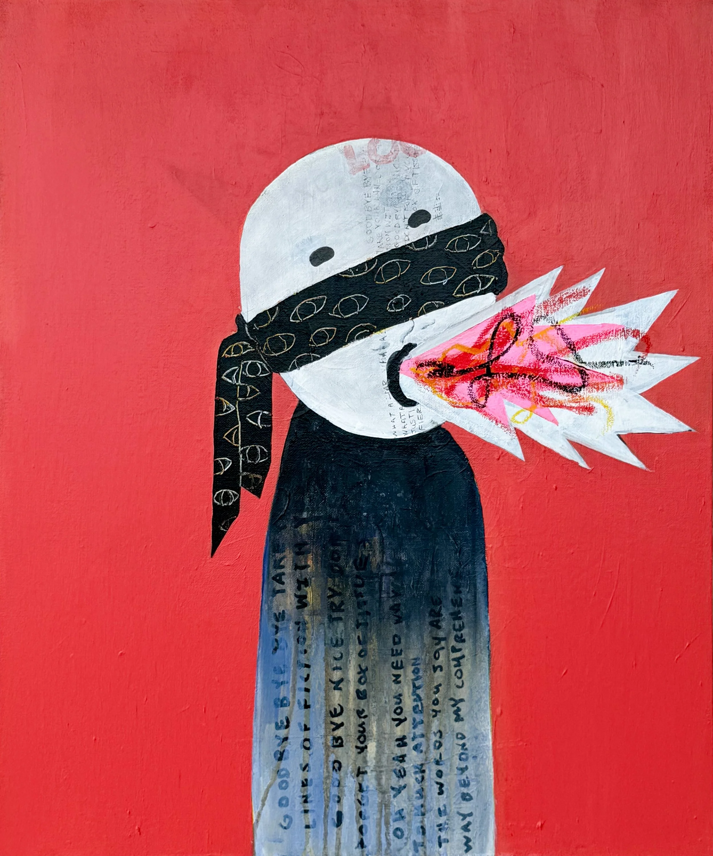 Mixed media painting of a white masked figure with a patterned black band across its face, a red and pink burst emerging from the mouth, and a dark textured body with handwritten text against a coral-red background.