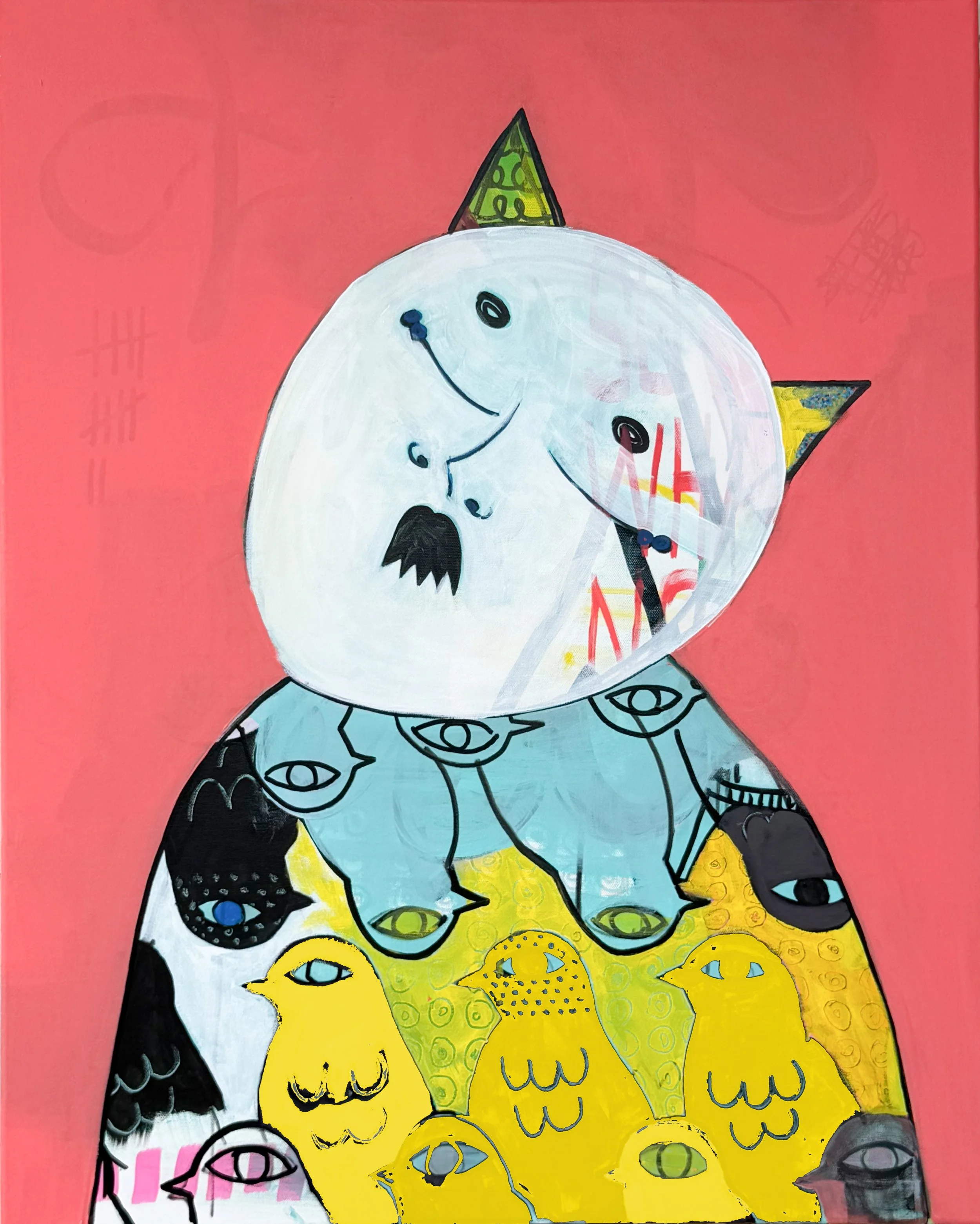 Mixed media painting featuring a masked figure covered with birds, set against a red background with layered textures and graphic marks.