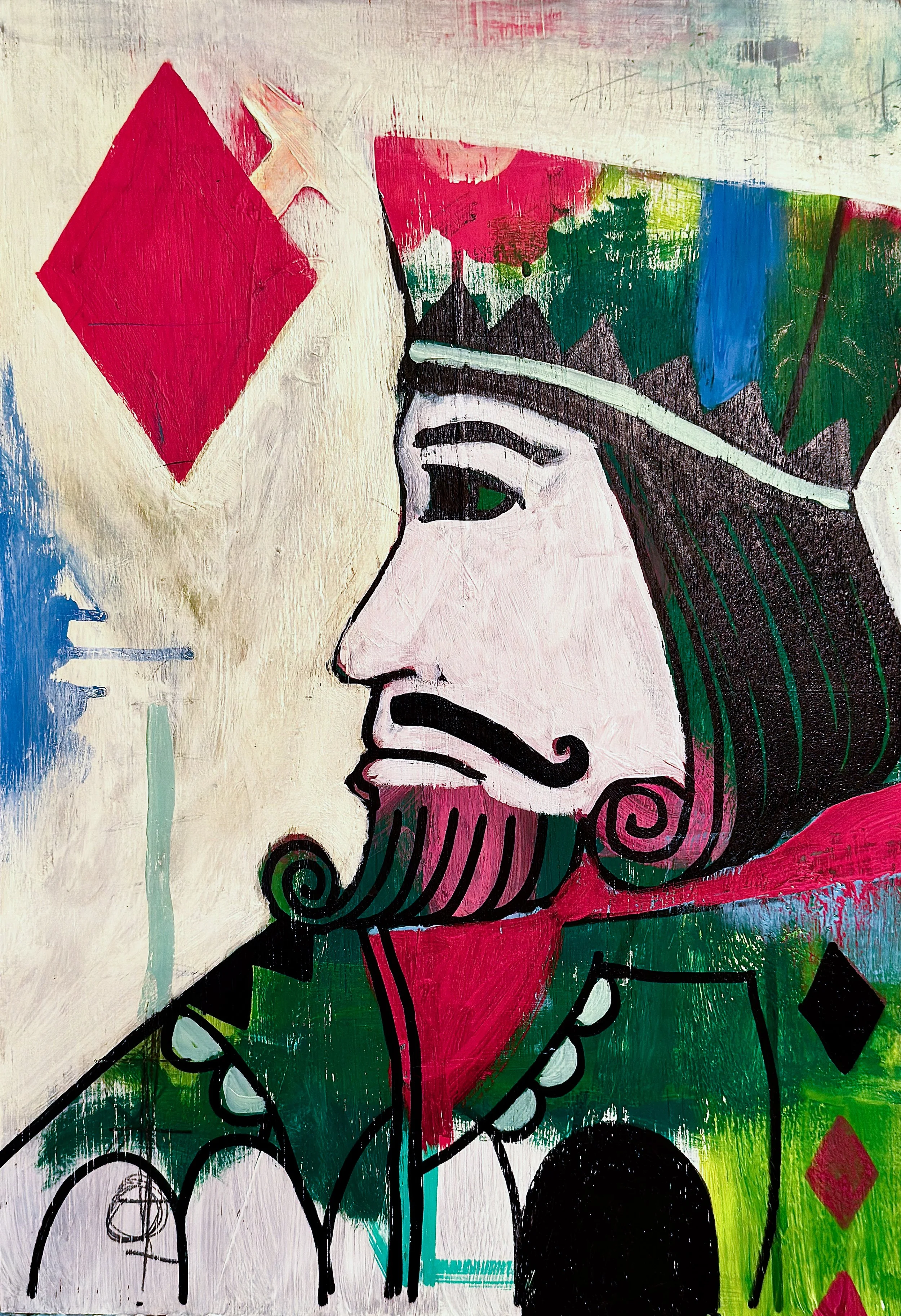 Colorful abstract portrait of a person with exaggerated facial features, green hair, and a red outfit, with bold black outlines and geometric shapes.