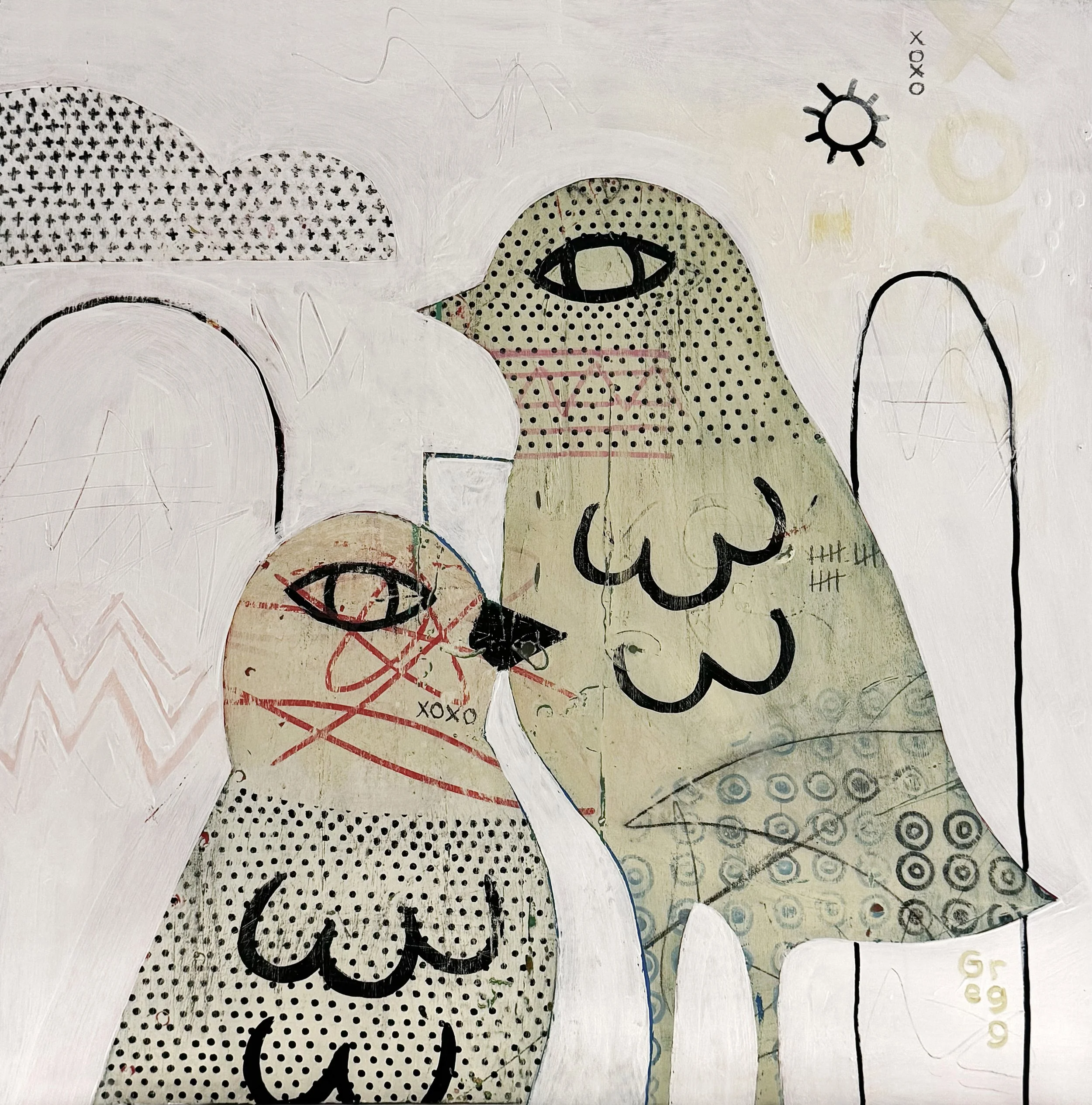 Abstract artwork featuring stylized animal figures, including a cat and an owl, with various patterns and doodles, and the words "XOXO" and "Love".