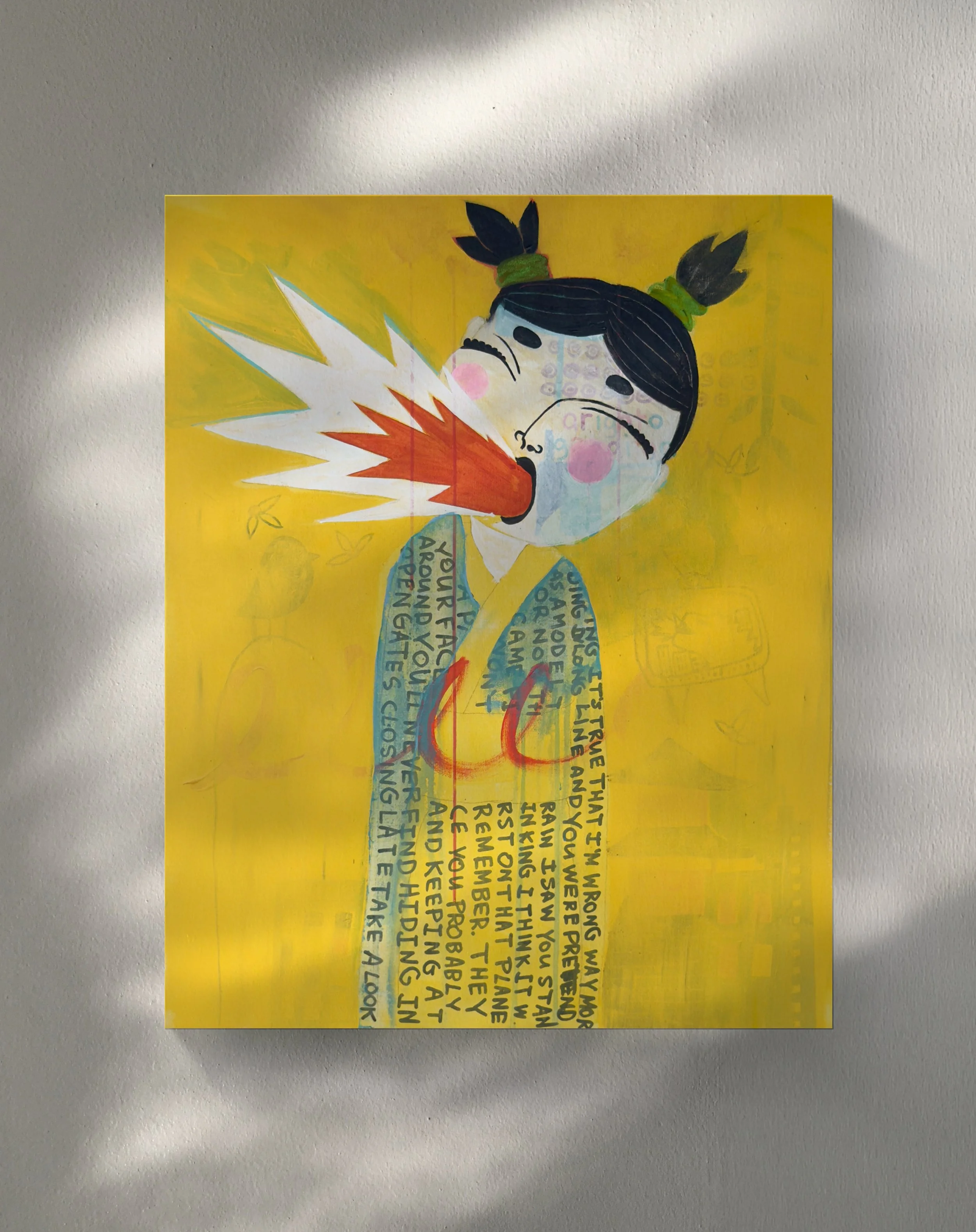 A colorful illustration of a girl with pigtails, wearing a blue shirt with text, and blowing a burst of orange, yellow, and white flames, set against a yellow background with faint patterns and text.