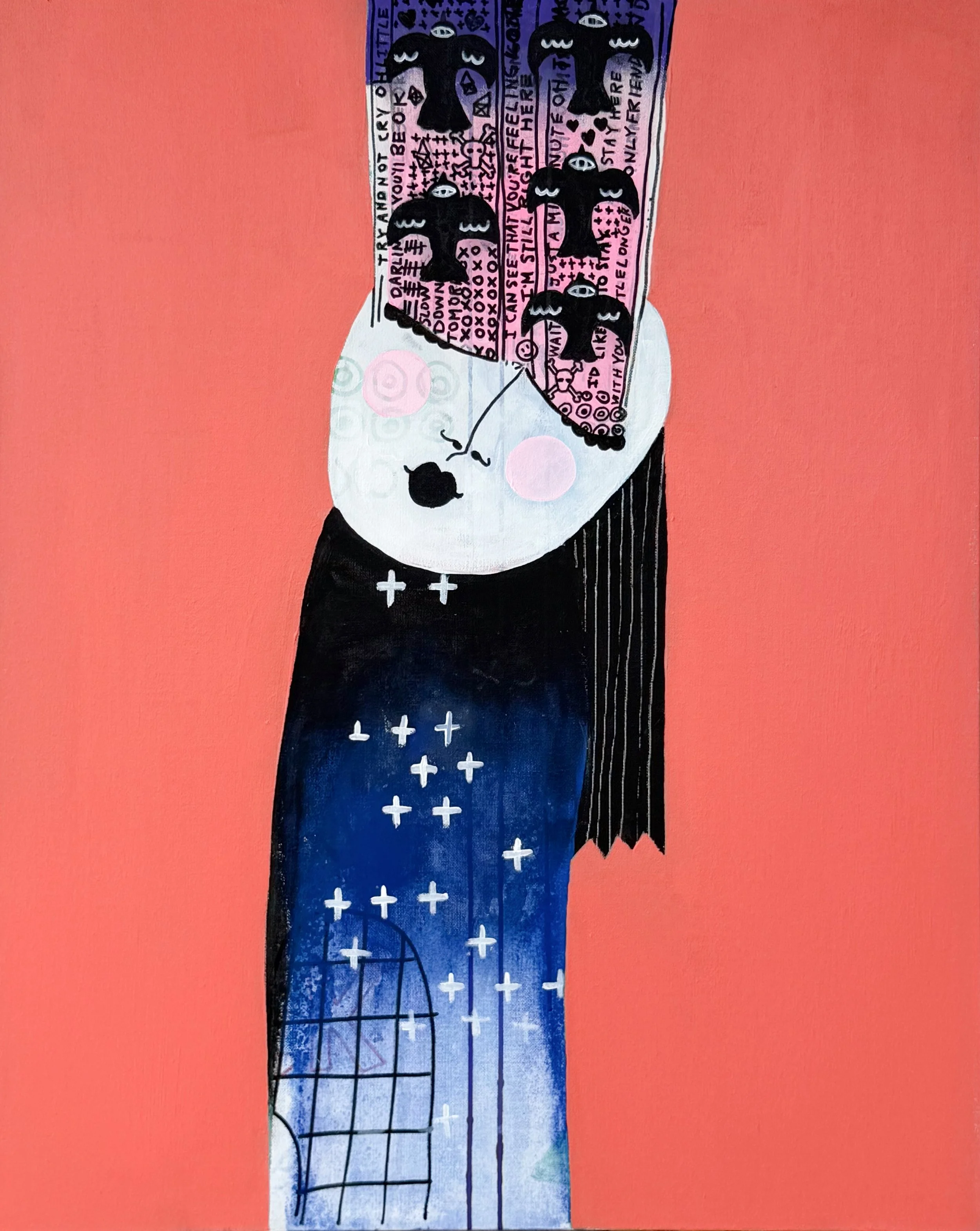 Mixed media painting of a white masked figure with long black hair and a tall patterned form extending from the eyes, wearing a blue textured body marked with white crosses and graphic lines against a coral-red background.