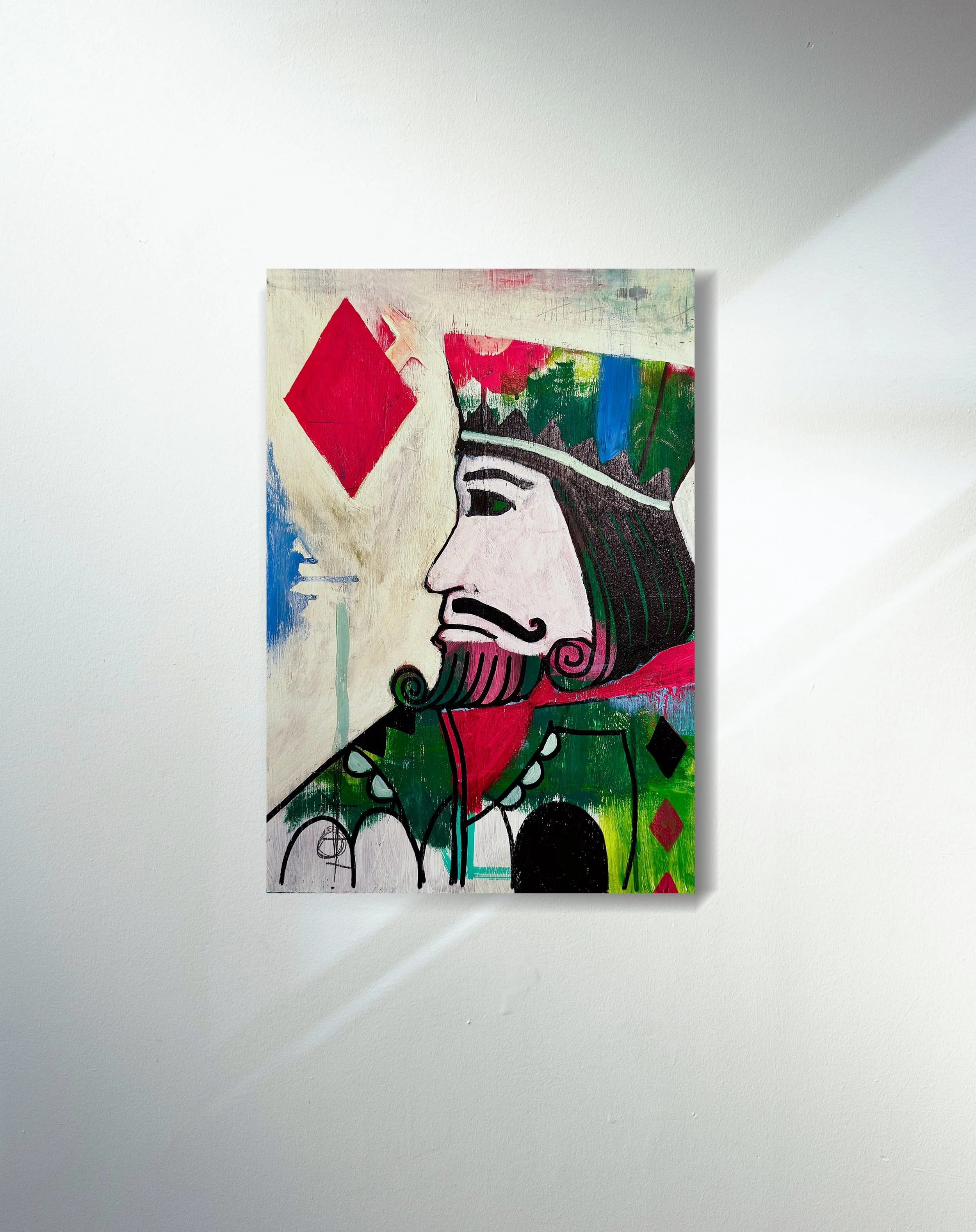 Abstract painting of a woman's profile with dark hair, a mustache, colorful geometric shapes, and a red diamond. The background has various colors and brushstrokes.