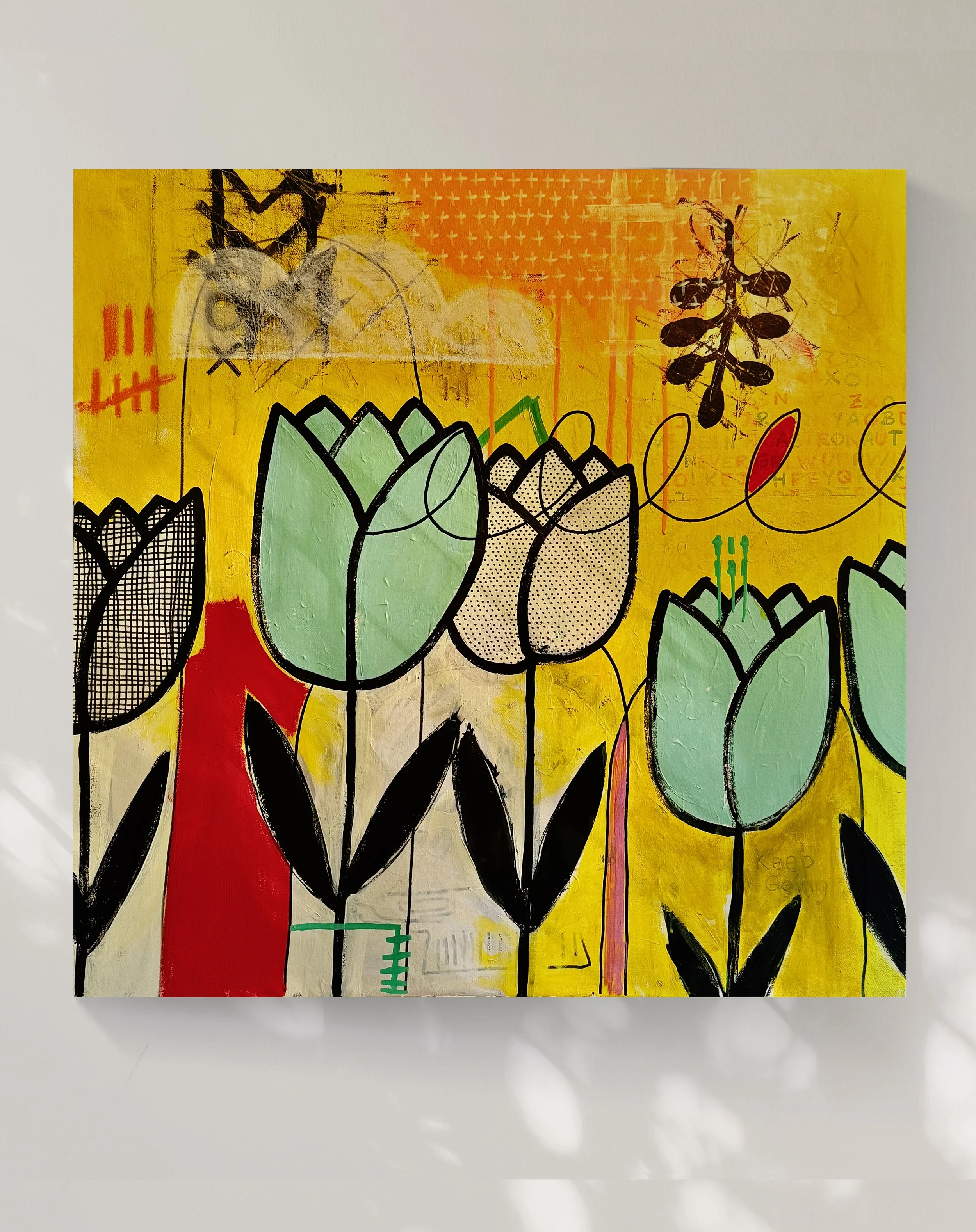 An abstract painting featuring stylized tulip-like flowers with black outlines and colored fill, set against a yellow background with various patterns and scribbles.