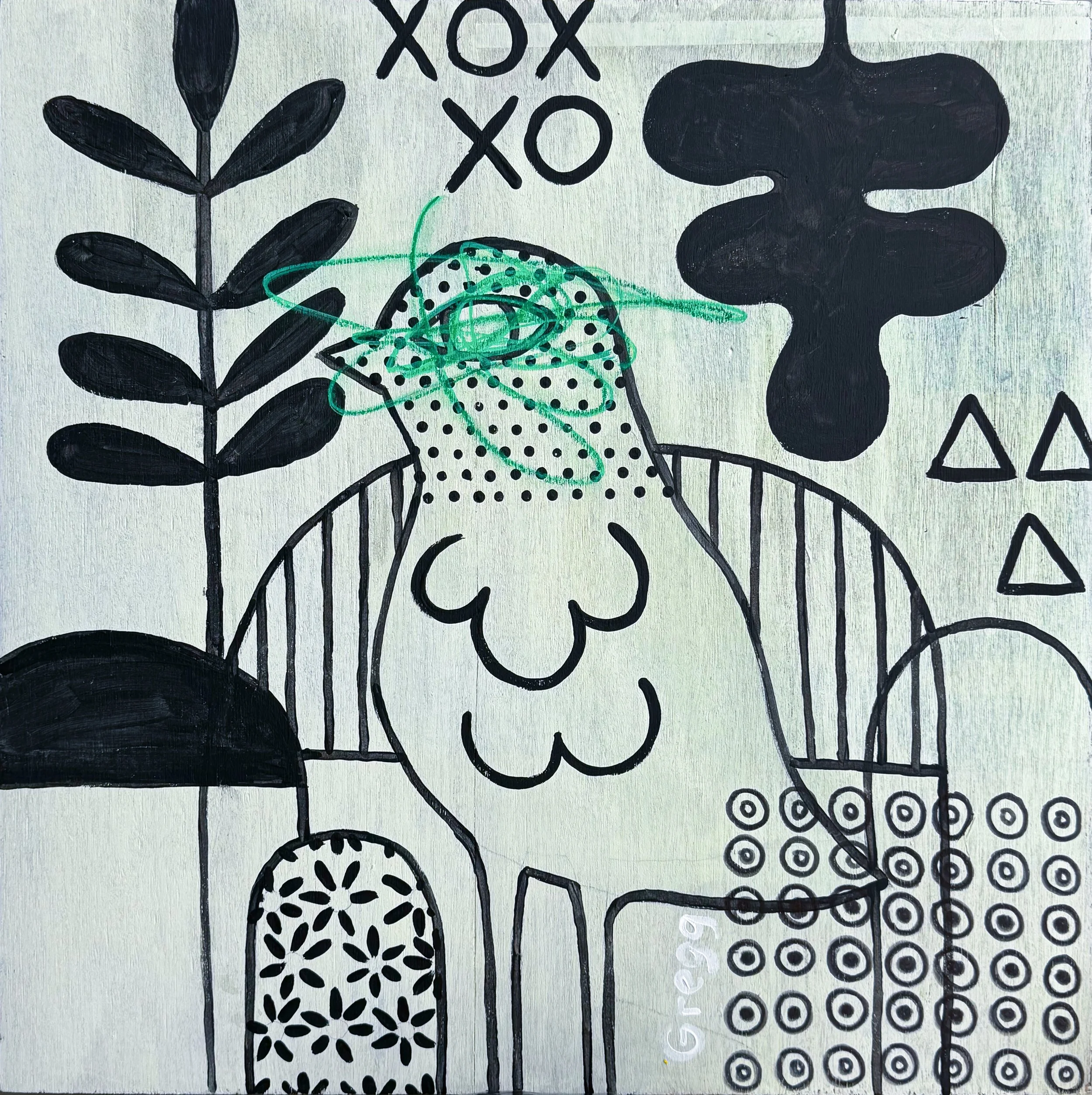 Black and white line drawing of various abstract floral shapes with the word 'XOXO' written at the top.