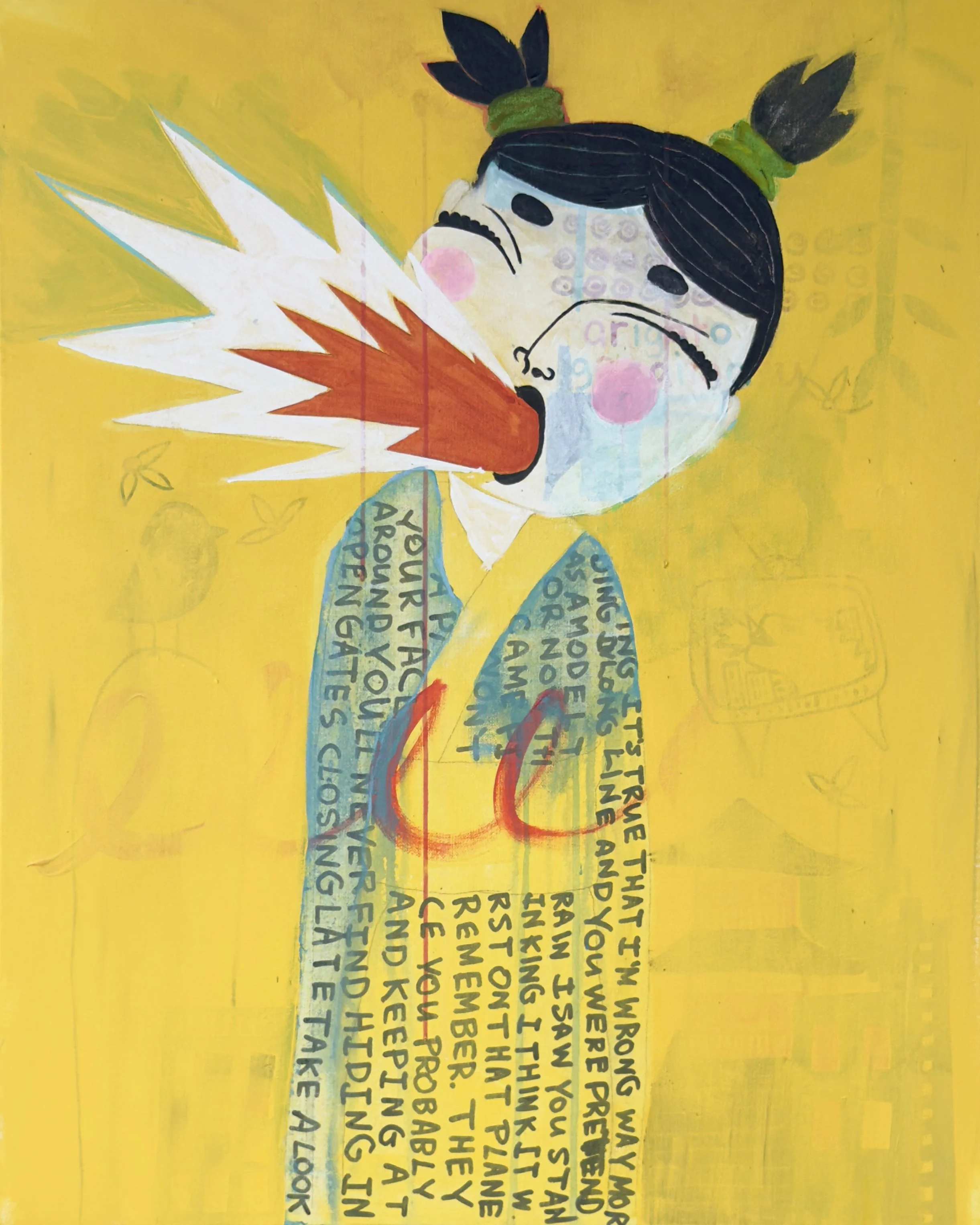 Mixed media painting of a masked figure against a yellow background, with expressive text and a burst of color emerging from the figure's mouth.