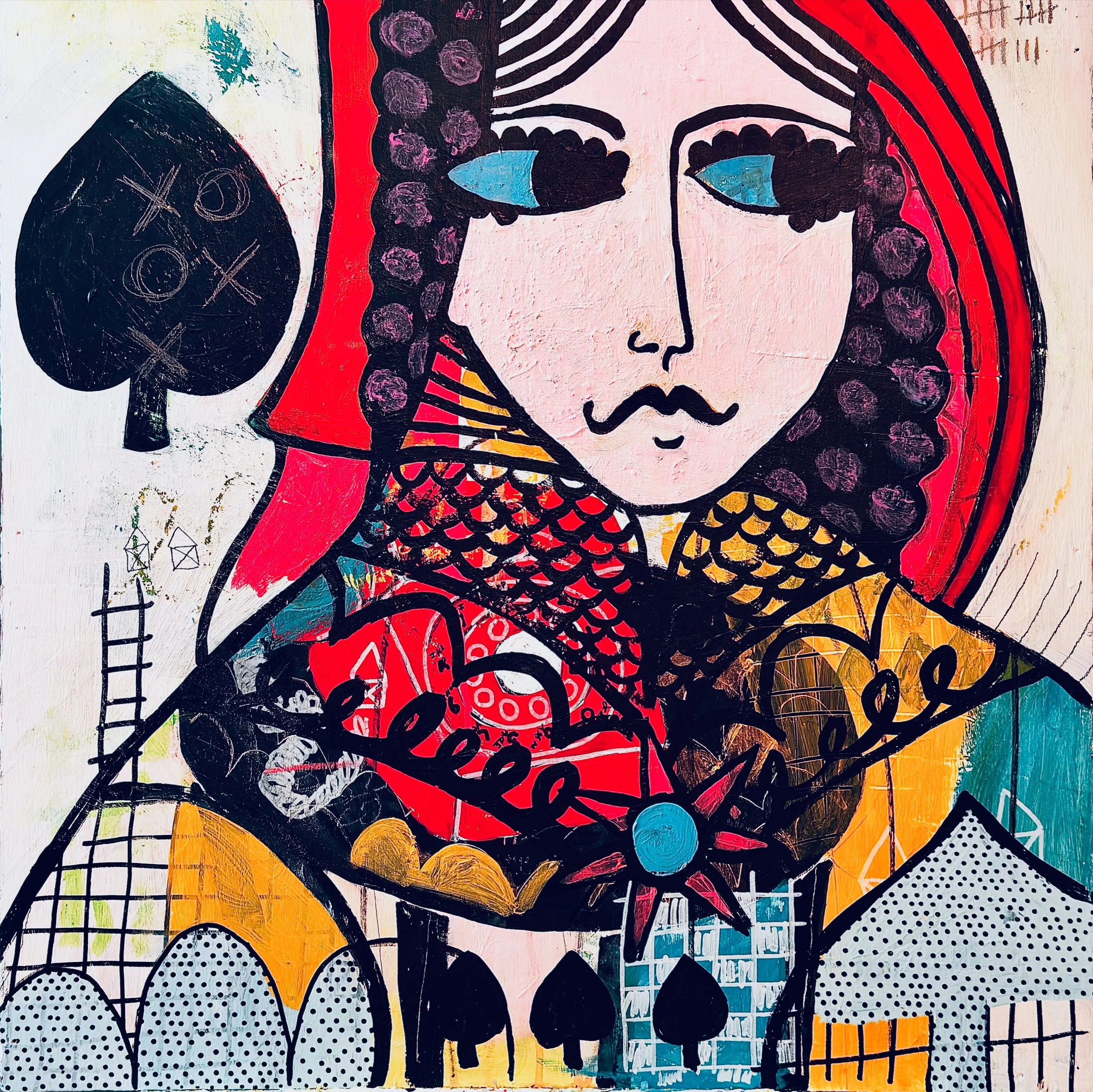 Colorful abstract artwork featuring a stylized face of a woman with large earrings, surrounded by geometric patterns, vibrant colors, and textured layers.