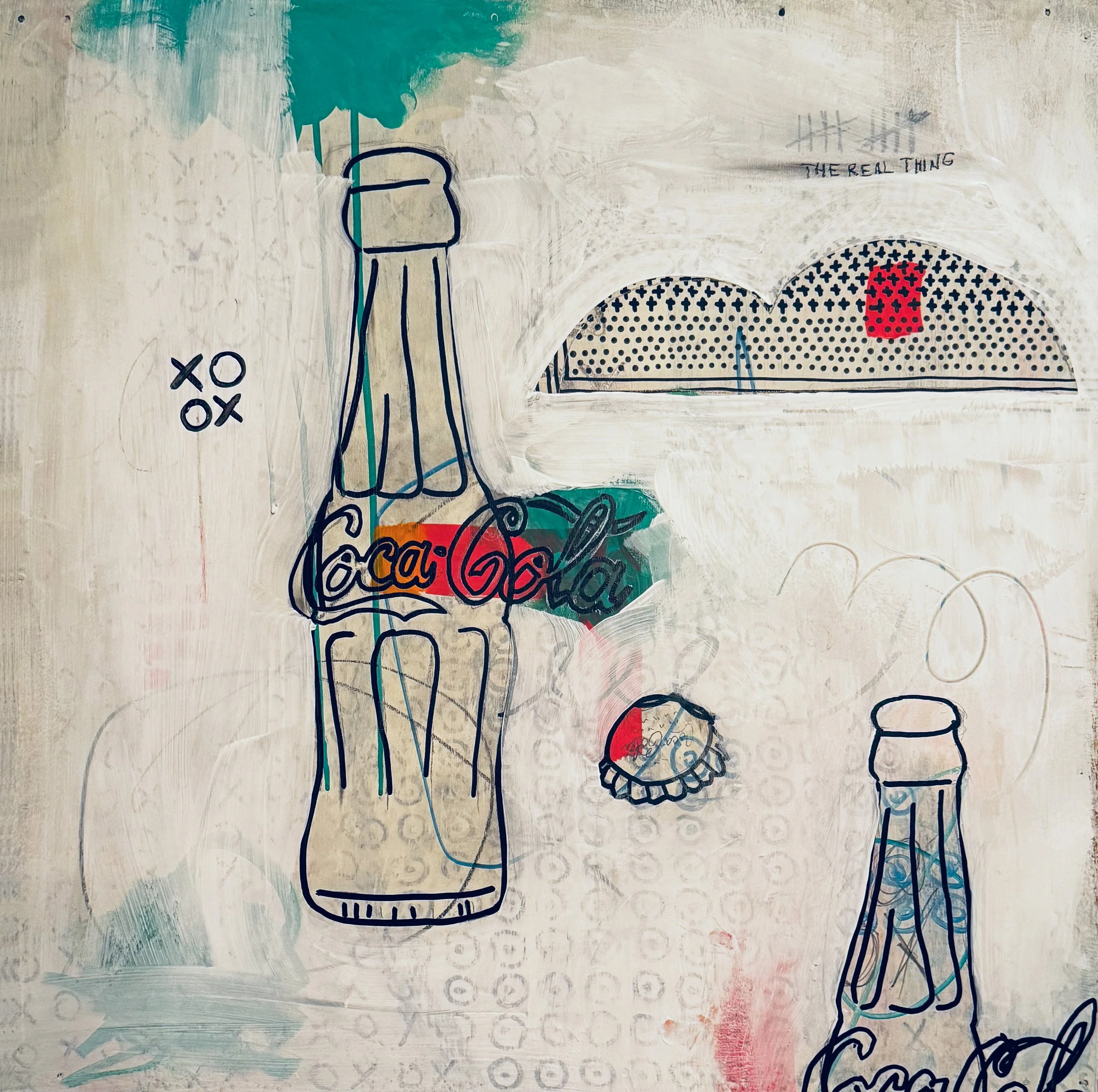 Abstract artwork with painted and drawn elements, including a pint glass outline, a red square, the word 'CocaCola,' and various lines and scribbles, with the phrase 'The real thing' visible.