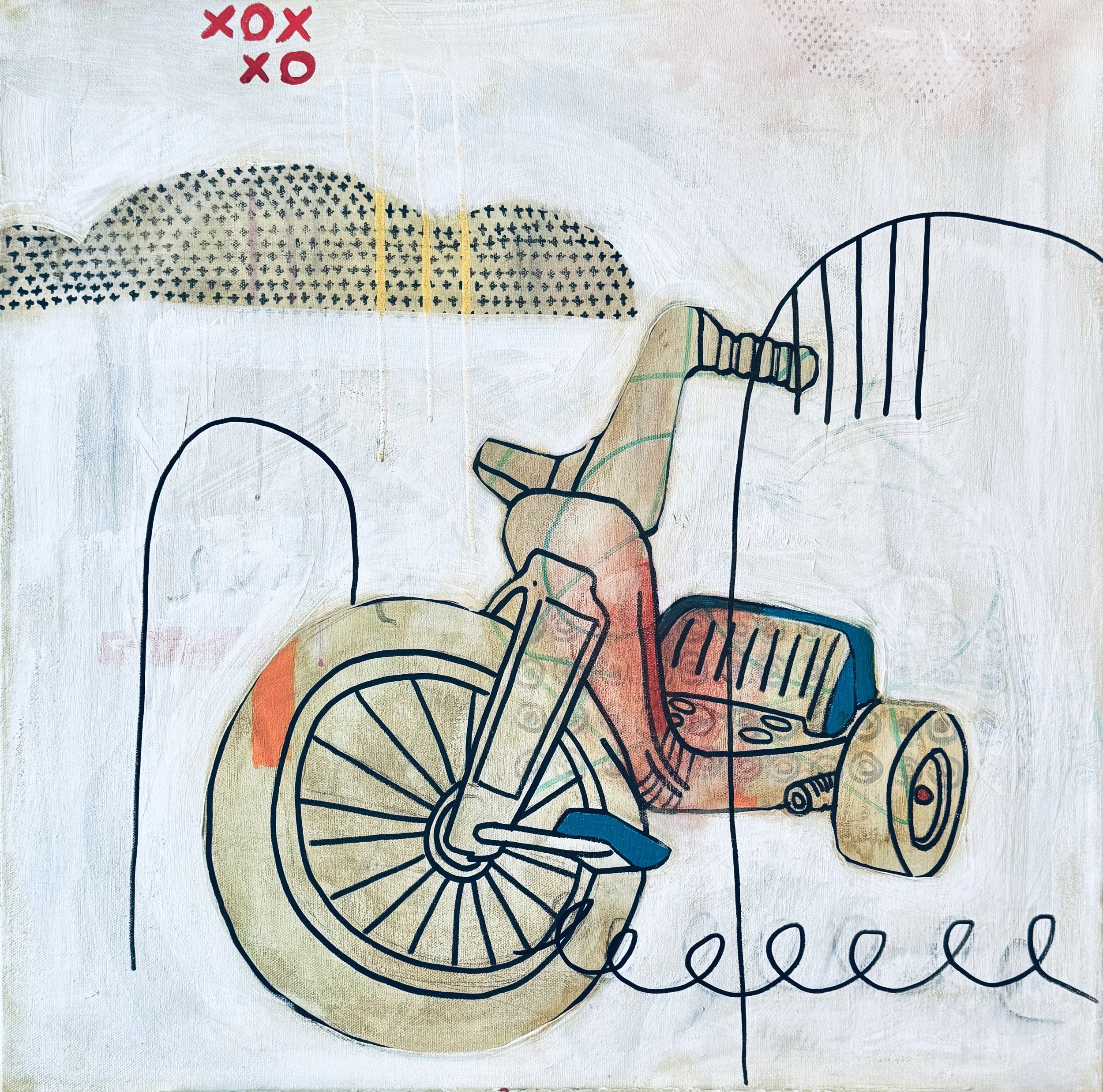An abstract artwork featuring a bicycle and various shapes, lines, patterns, and text, including red 'X' and 'O' marks in the upper left corner.