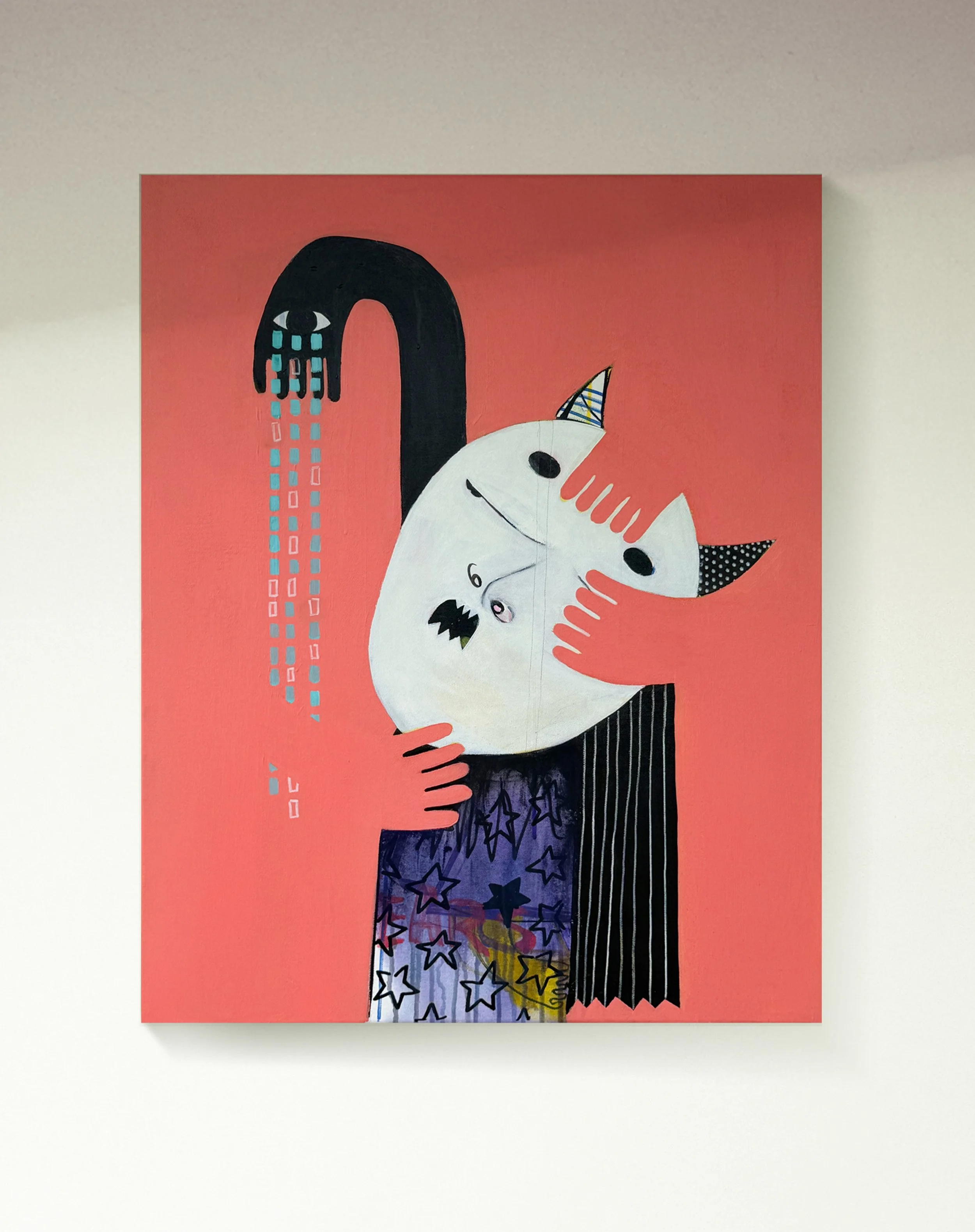 A colorful artwork featuring a white horse head with black eyes and orange mane, held by a hand with orange painted nails, against a pink background with abstract shapes and patterns.