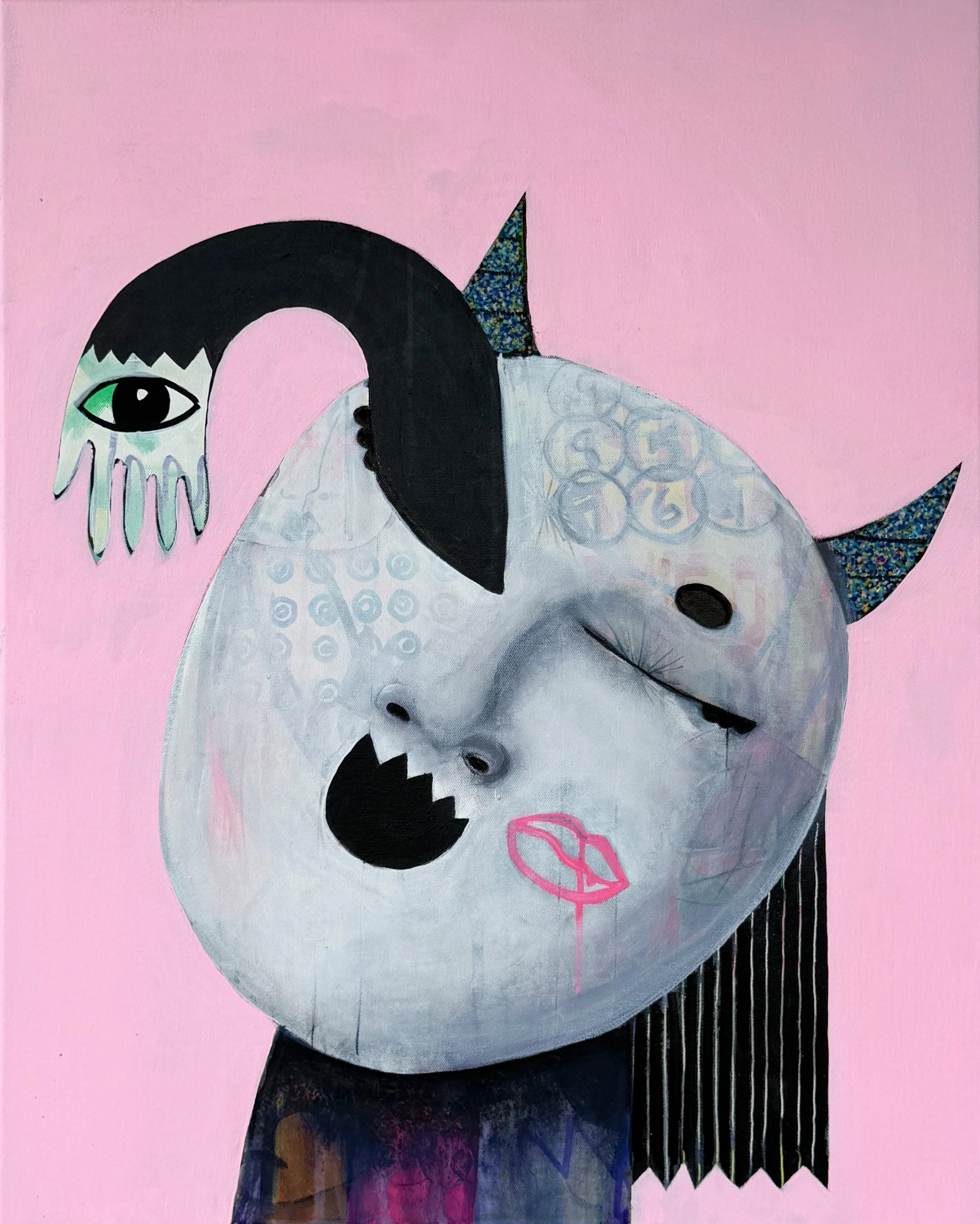 Mixed media painting of a large white masked figure with pointed ears, a black curved form extending from its head, and a small eye-like figure beside it against a soft pink background.