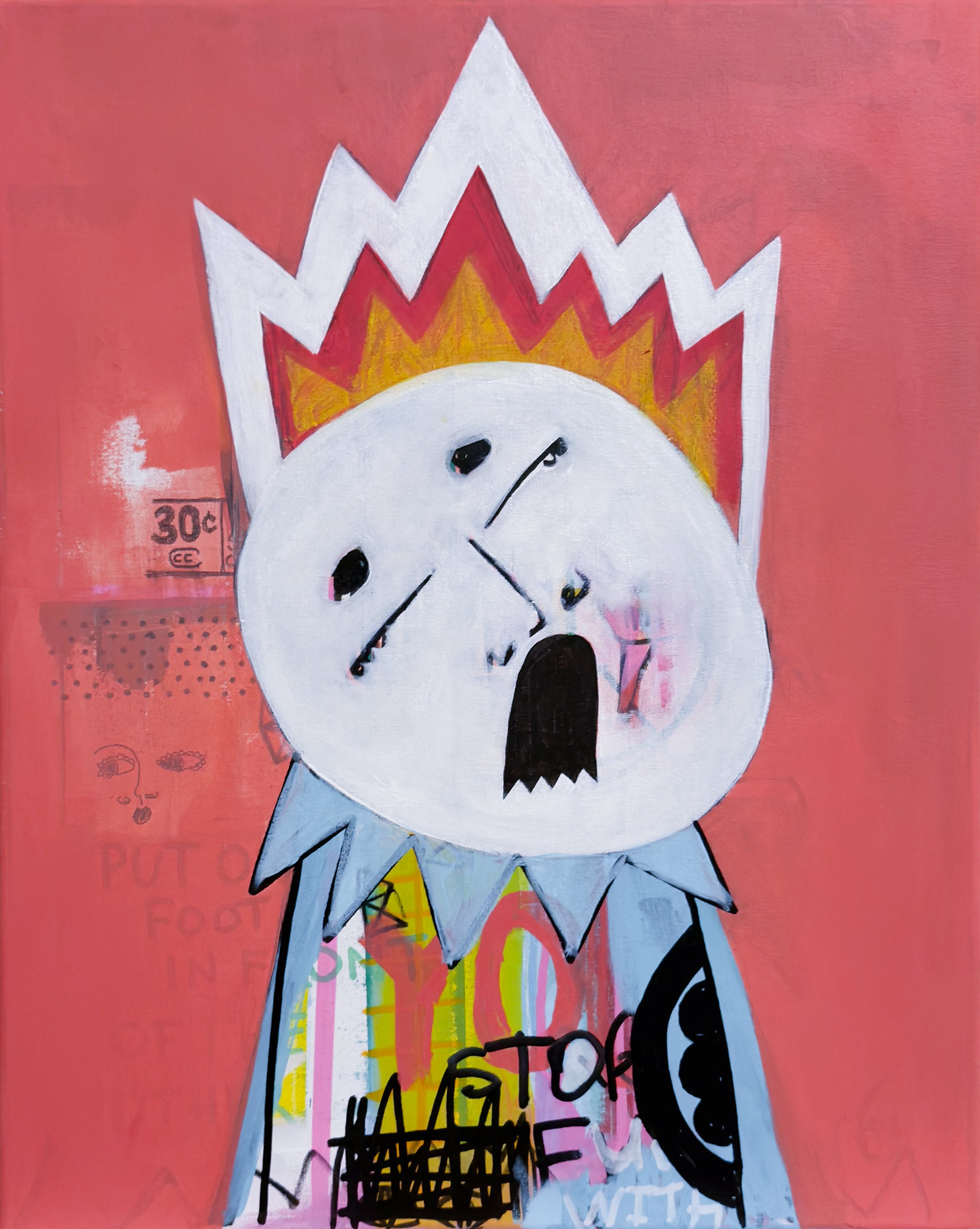 ixed media painting of a white masked figure wearing a jagged crown and blue collar, with an open mouth and a colorful, text-covered body against a coral-red background.
