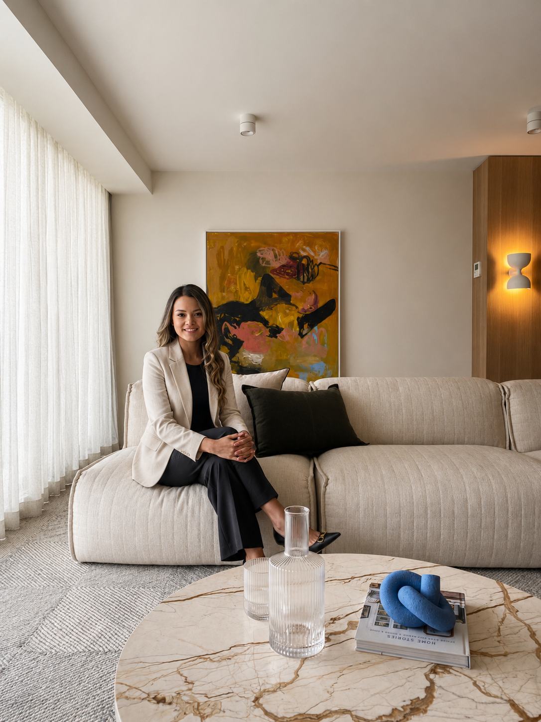 A woman sitting on a beige sofa in a modern living room with abstract art behind her, a marble coffee table with vases and a magazine, and a light-colored curtain to the left.
