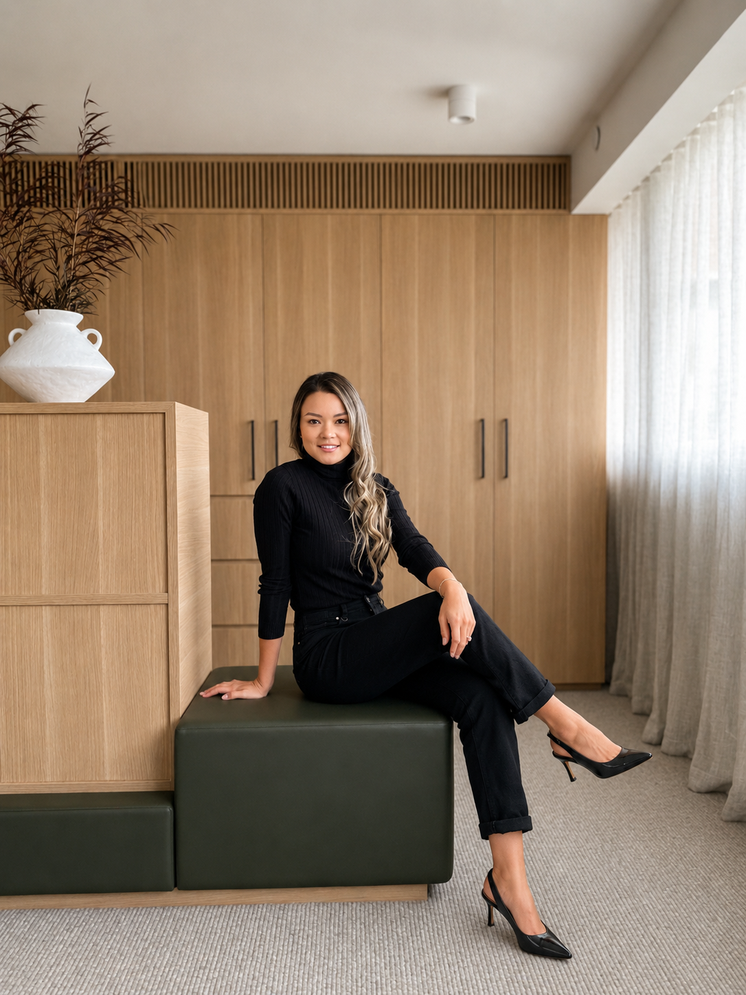 A woman with long blonde hair, wearing a black turtleneck and black pants, sitting on a green bench in a modern, wood-paneled room with beige curtains and a white decorative vase with dried plants.