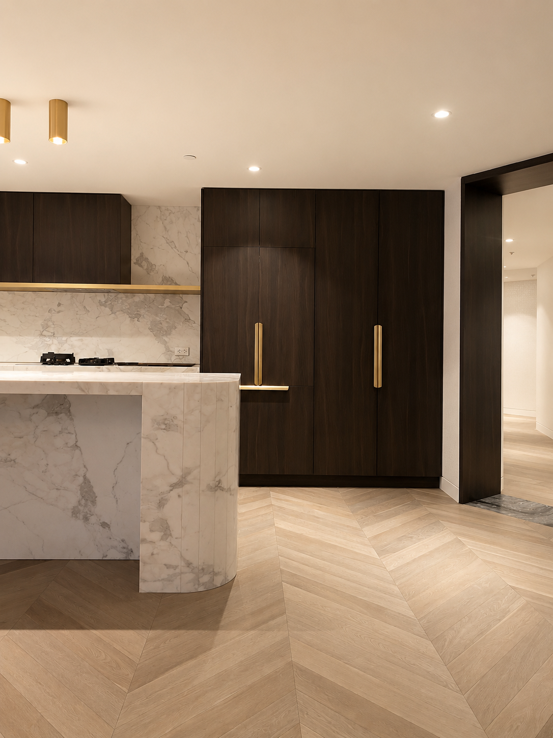 Modern kitchen with dark wood cabinets, gold handles, a marble island, and herringbone-patterned wooden flooring.