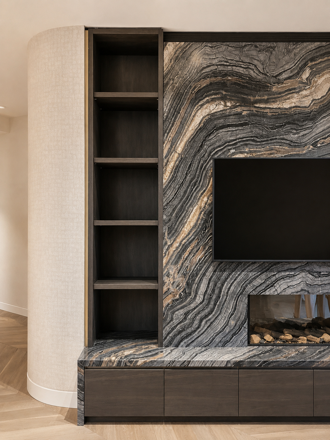 Modern living room wall with a marble fireplace, a mounted flat-screen TV, and dark wood storage cabinets.