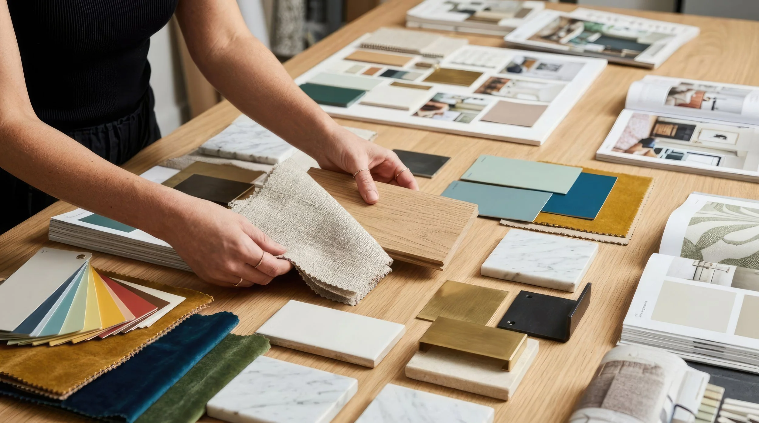 A person is working on interior design material samples on a wooden table, including fabric swatches, paint color samples, and magazine pages featuring rooms.