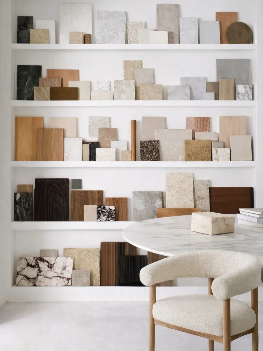 Shelf display of various tiles and stone samples of different colors, textures, and materials in a neutral-toned room with a marble table and an upholstered armchair.