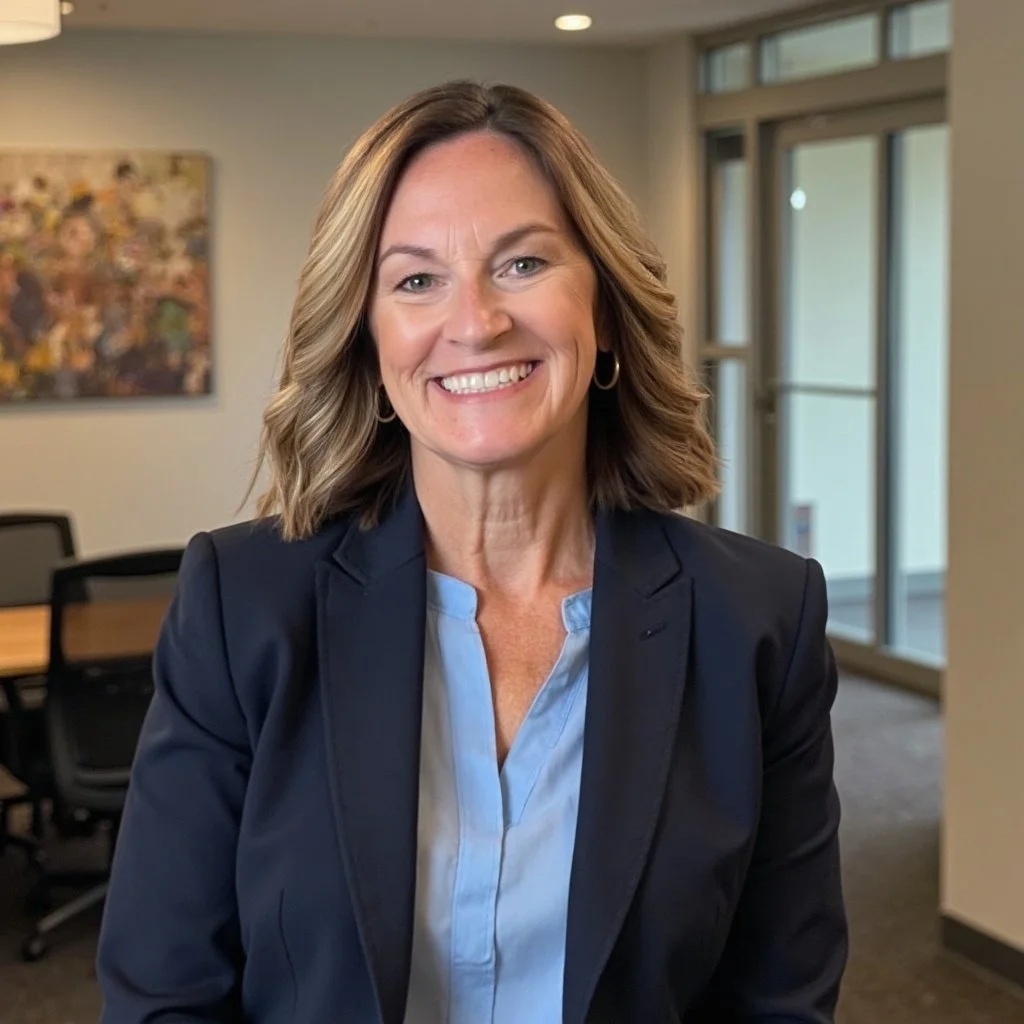 A woman with shoulder-length light brown hair, wearing a dark blazer and a light blue button-up shirt, smiling in an office setting with windows and modern decor in the background.