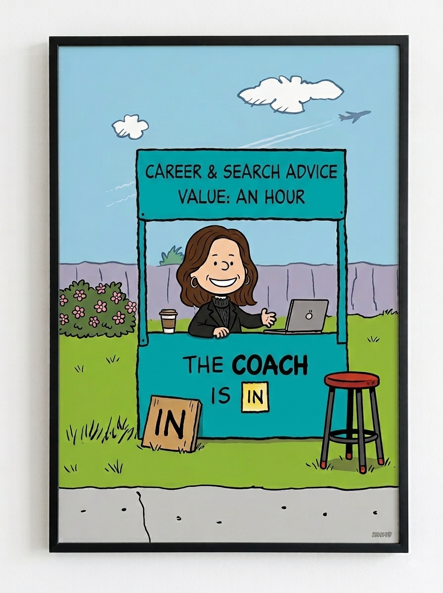 A colorful cartoon-style illustration of a woman sitting at a desk in a small outdoor booth with a sign that reads "Career & Search Advice Value: An Hour" and "The Coach is In." The scene includes a stool, a coffee cup, a laptop, and a grassy yard with pink flowers, a wooden block with "In" written on it, a purple fence, and a blue sky with clouds and an airplane.