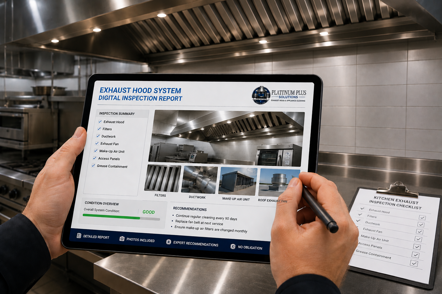 Digital inspection report on a tablet showing the status of an exhaust hood system in a commercial kitchen, with images of the kitchen equipment and checkboxes for inspection items.