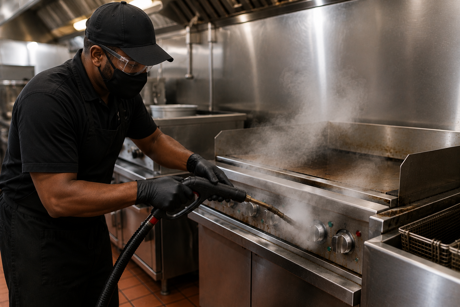 A person cleaning a commercial stovetop with a steam cleaner in a professional kitchen.