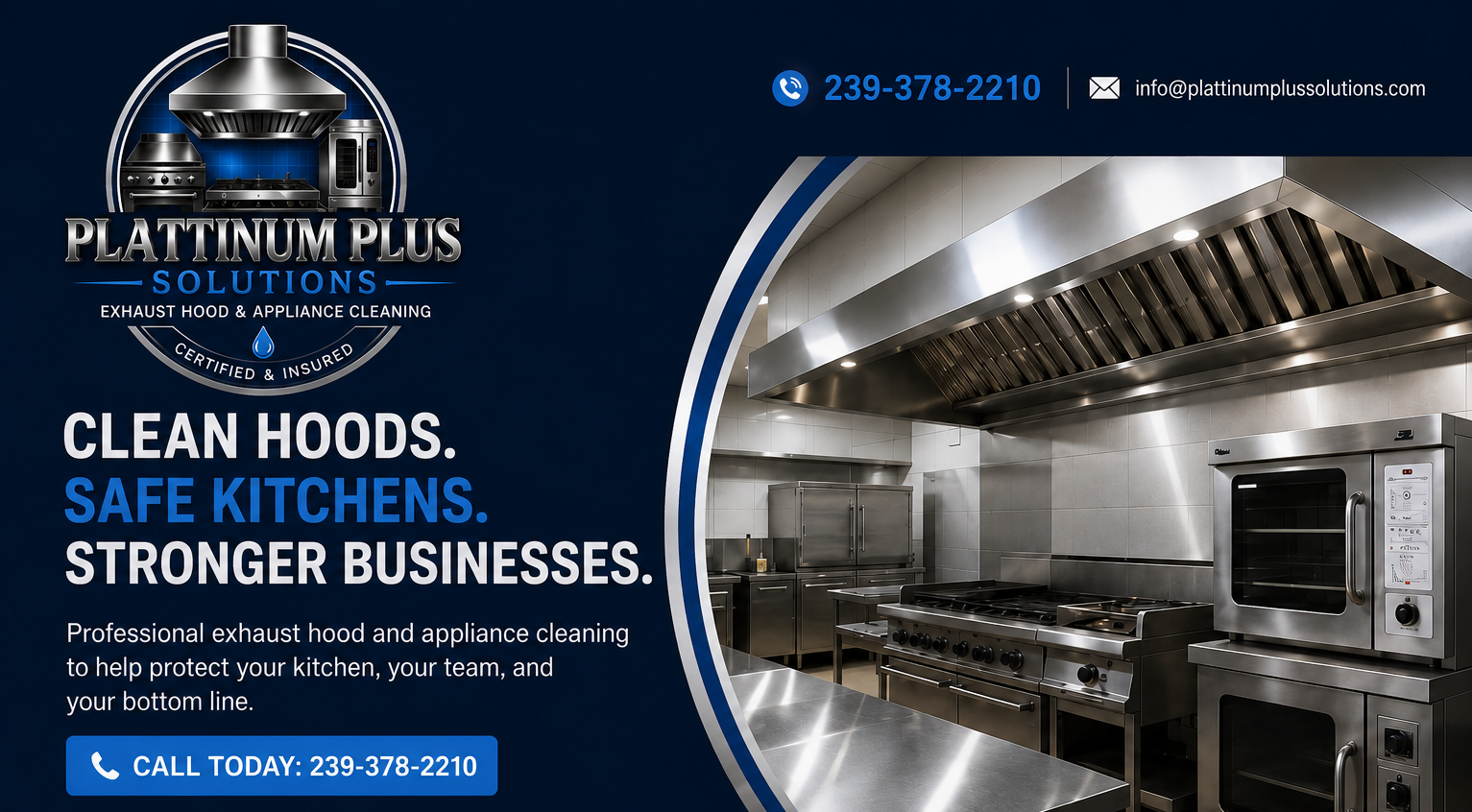 A commercial cleaning service advertisement for Platinum Plus Solutions featuring a professional kitchen hood with stainless steel appliances and equipment.