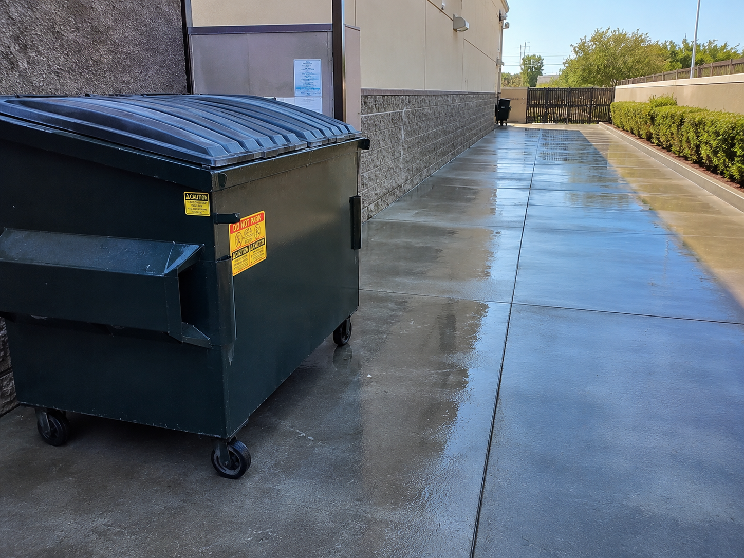 A green trash dumpster with a curved lid and warning labels on a wet concrete sidewalk next to a building, with a fenced gate and shrubs in the background.