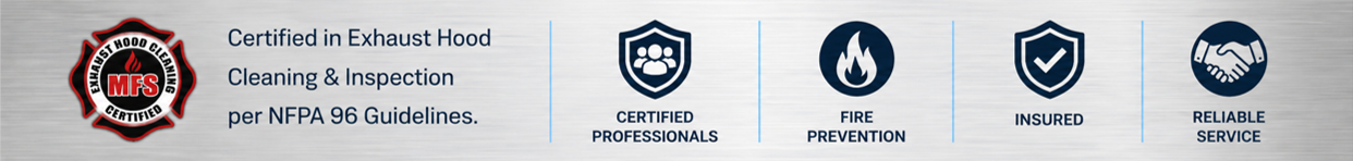 A graphic with a red, black, and white emblem on the left that says 'MFS' for exhaust hood cleaning certification, followed by text indicating certification in exhaust hood cleaning and inspection per NFPA 96 Guidelines. To the right, four icons with labels: a shield with people for 'Certified Professionals,' a fire symbol for 'Fire Prevention,' a shield for 'Insured,' and two shaking hands for 'Reliable Service.'