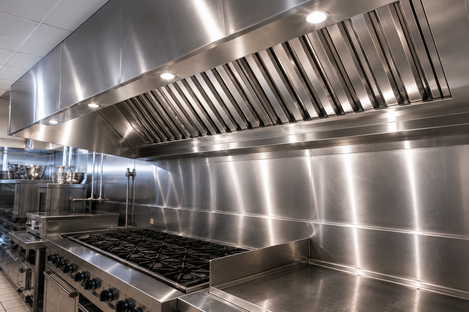 Industrial stainless steel commercial kitchen with a large stove and exhaust hood.