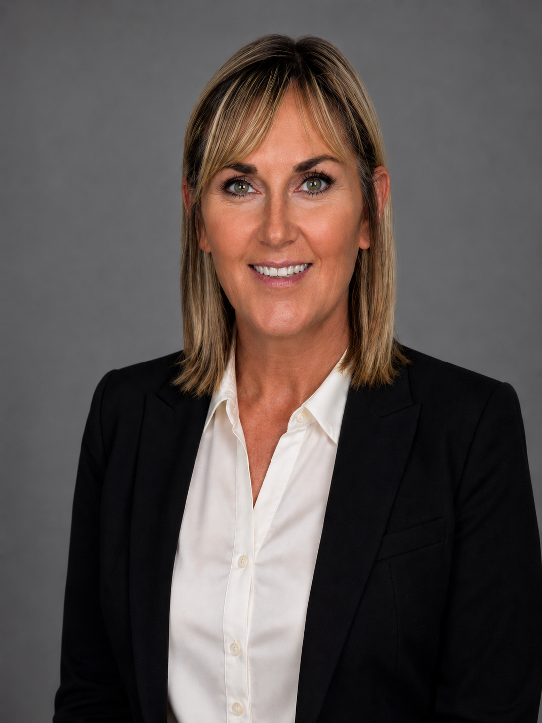 A professional woman with shoulder-length blonde hair, wearing a black blazer over a white shirt, smiling against a gray background.