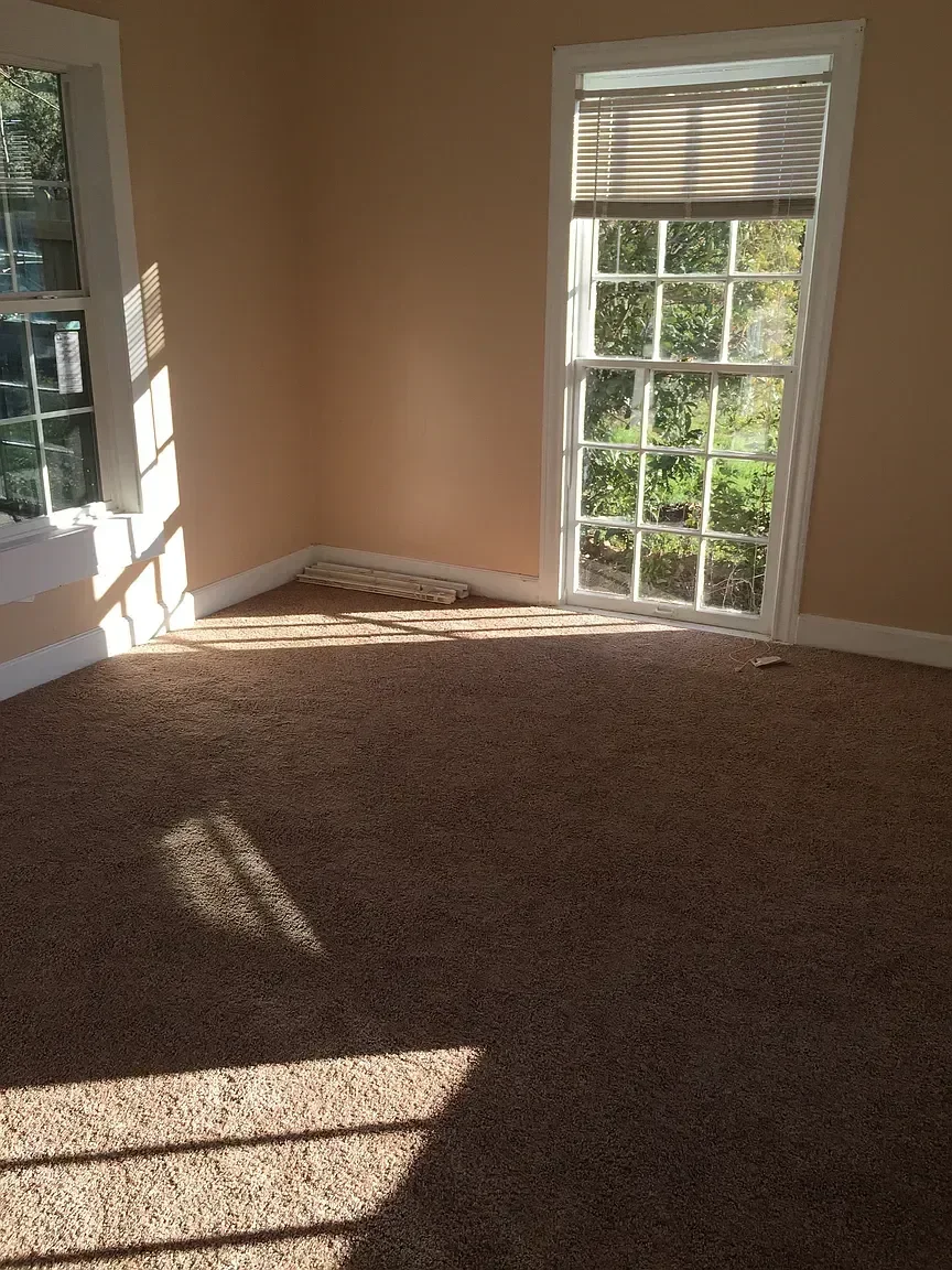 Empty room with beige walls, carpeted floor, two windows letting in sunlight, and a sliding glass door with blinds, outside greenery visible.