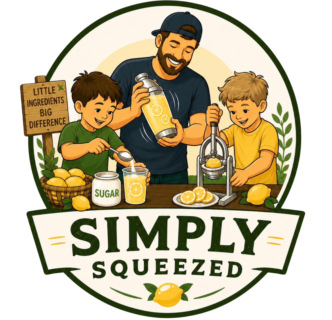Illustration of a man and two children making lemonade using lemons, a juicer, and ingredients like sugar, with a sign that reads 'Little ingredients big difference,' and a banner with 'Simply Squeezed' beneath.