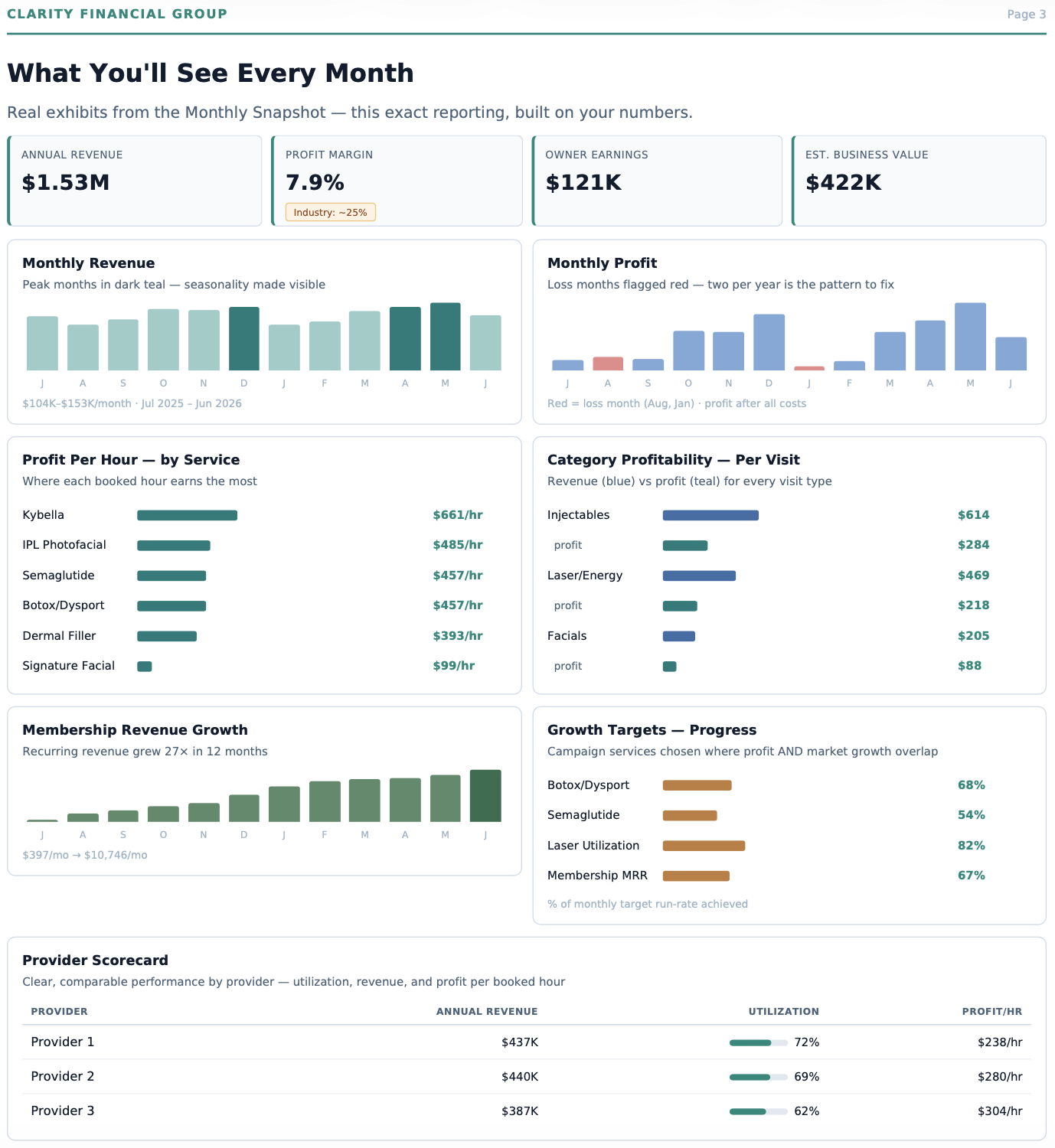 Financial report webpage showing monthly and annual business metrics, including revenue, profit margins, owner earnings, estimated business value, monthly revenue and profit charts, profit per hour by service, category profitability, membership revenue growth, growth targets, provider scorecard, and provider performance data.